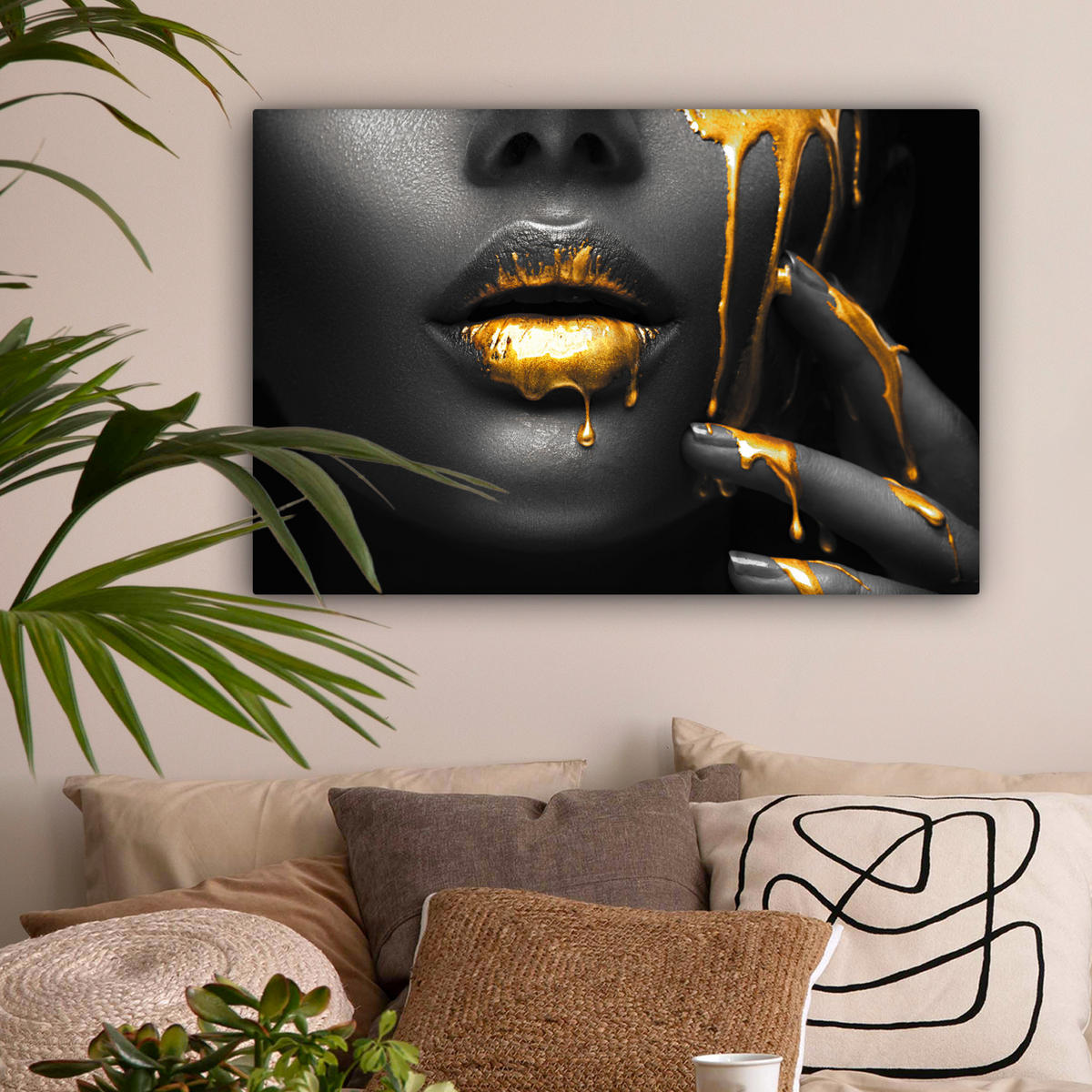 LEINWANDBILD Frau - Schwarz - Gold - Gesicht - Lippen Gemälde 60x40 cm - Goldfarben, Textil (60/40cm) - MuchoWow