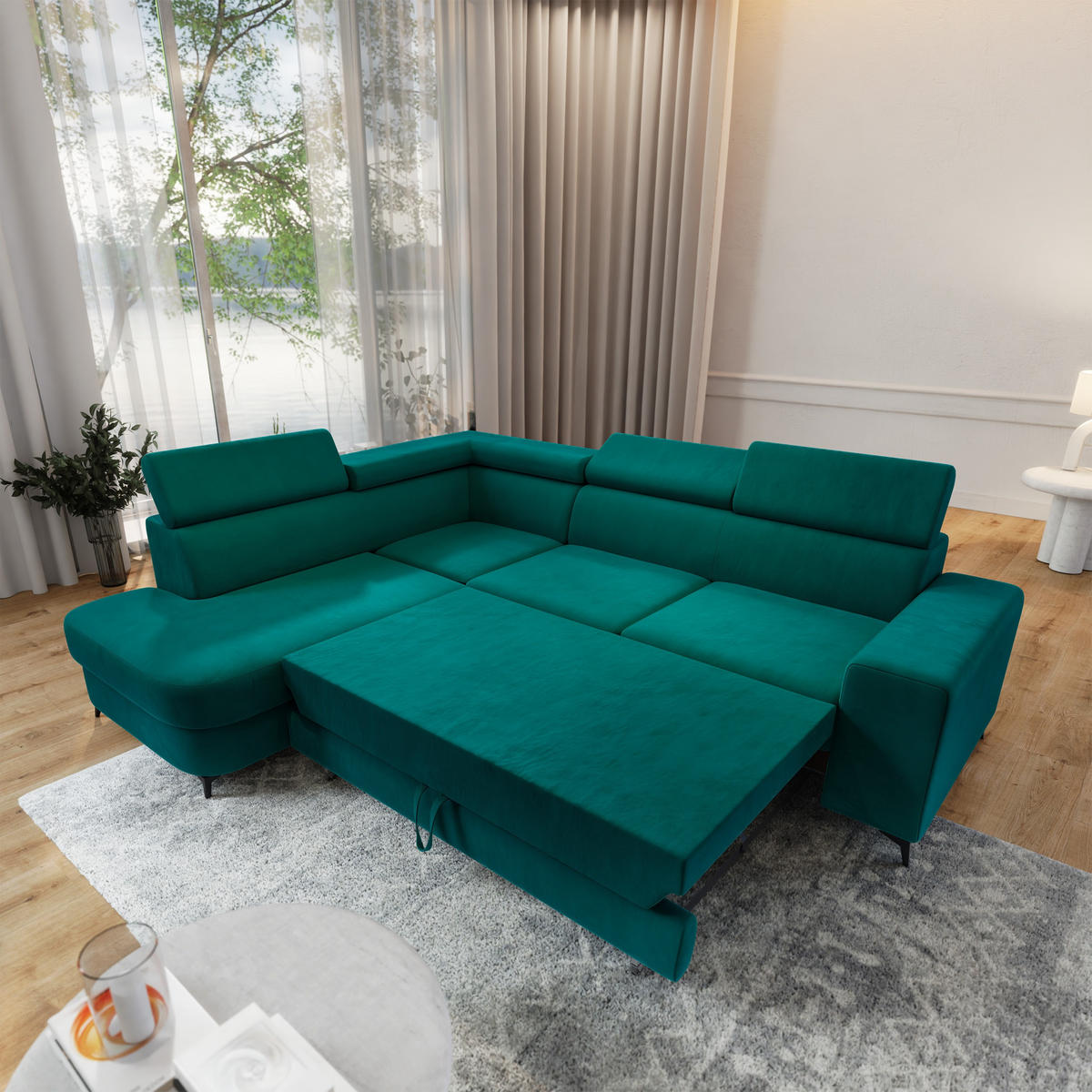 ECKSOFA ALVORO L-S Blau Velours-Stoff mit Schlaffunktion - Blau, Holz (253/190cm) - MASSENO