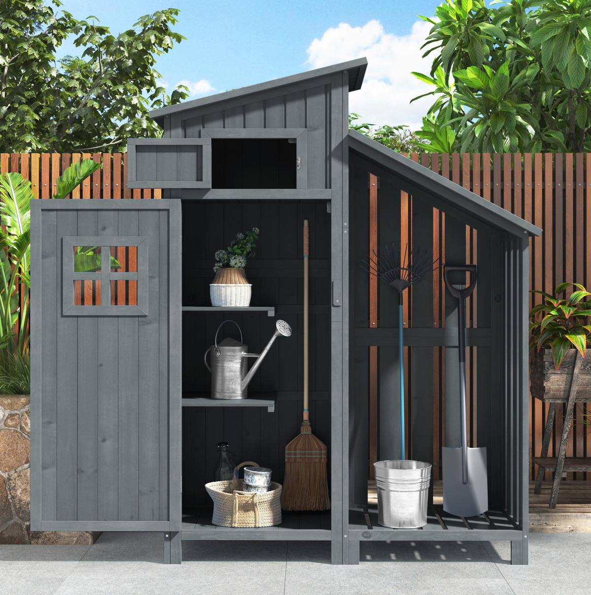 GARTENSCHRANK aus Massivholz 124x46x174 cm in Grau mit 2 Ablagen - Grau, Holz (46/174/124cm) - Modfu
