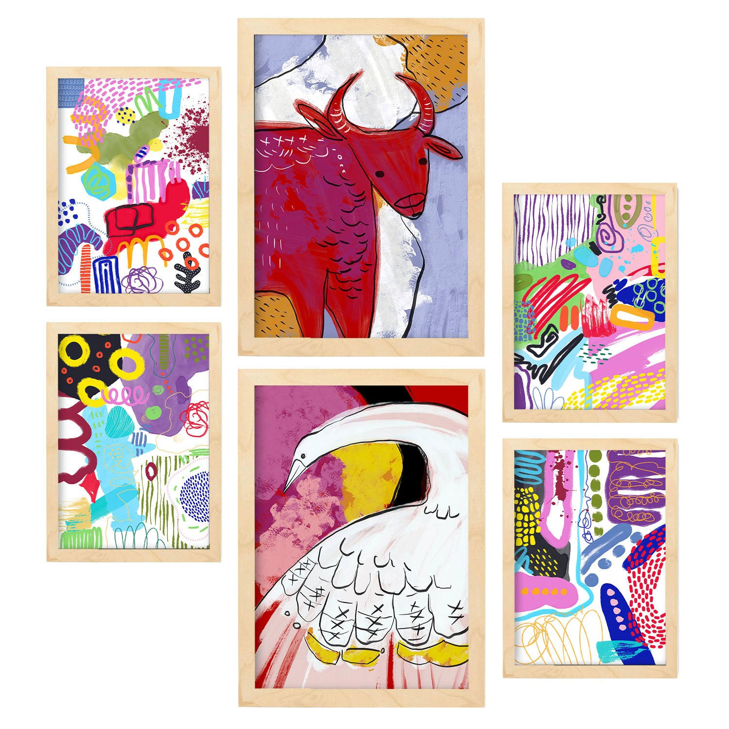 POSTER Set Mit 6 Auffällt 2 In Tiere Zusammenfassungen A3 & A4 Rahmen Aus Hellem Holz - Beige, Papier (29/3cm) - Nacnic