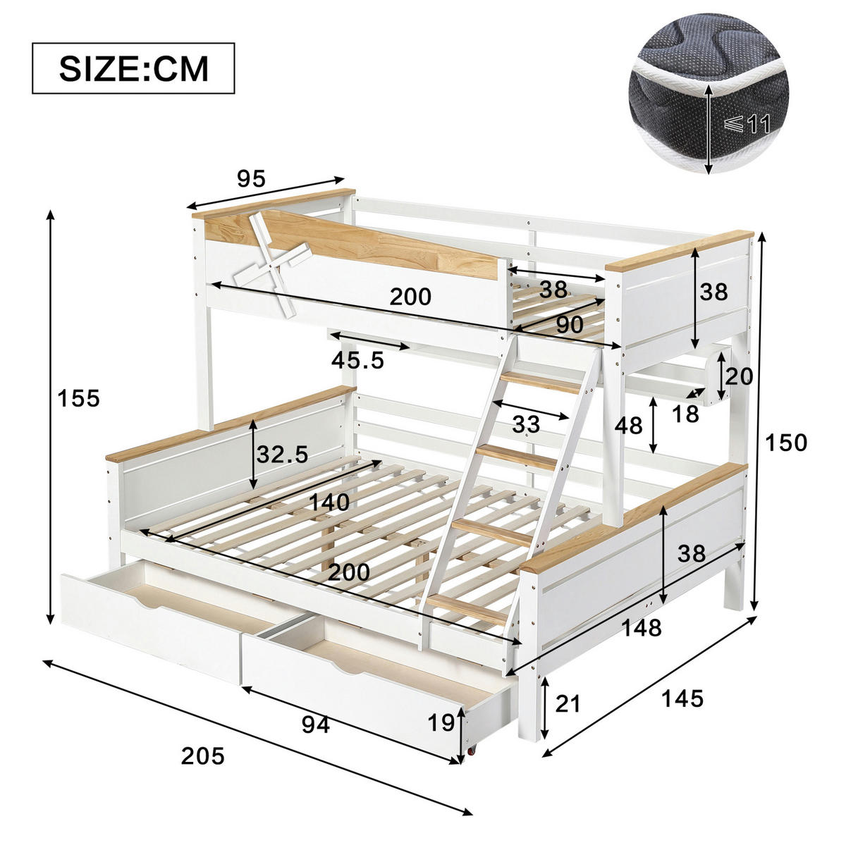 ETAGENBETT 90/200 cm & 140/200 cm mit Regalen und Schubladen in Weiß/Natur - Weiß, Holzwerkstoff (90/200cm) - BEAOK