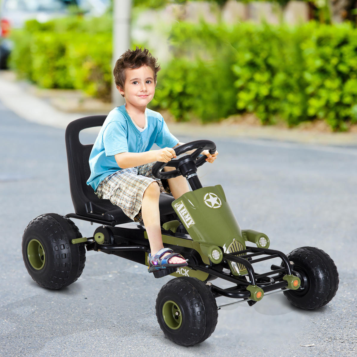 GO Kart Kettcar mit Handbremse Kinder Tretauto Tretfahrzeug ab 3 Jahre Grün - Grün, Metall (99/65/56cm) - HOMCOM