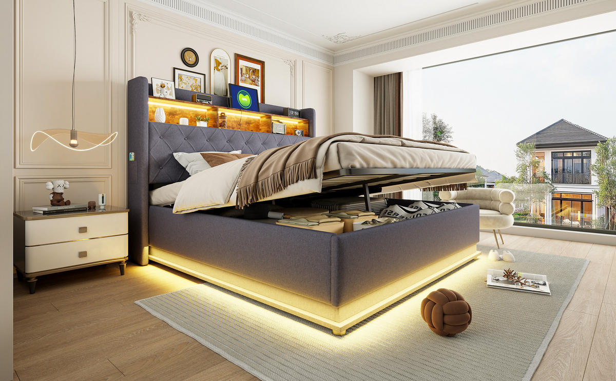 POLSTERBETT 180x200 cm LED USB Stauraum grau - Grau, Textil (180/200cm) - LEBENLANG