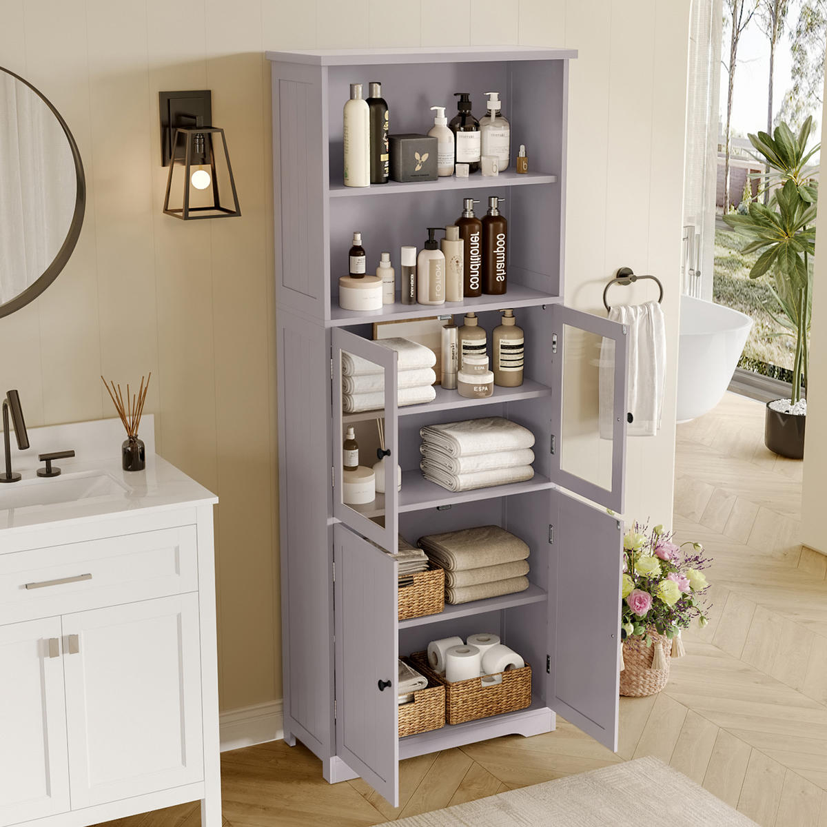 BADEZIMMER-HOCHSCHRANK 57.4x28.5x160cm in Grau, feuchtigkeitsbeständig mit 4 Türen - Grau, Holzwerkstoff (57.4/160/28.5cm) - Modfu