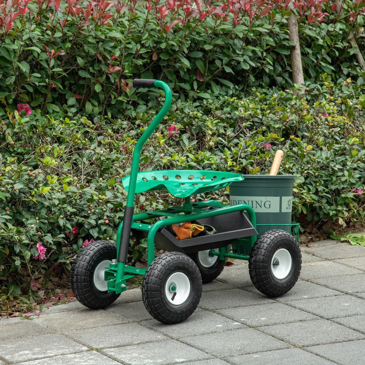 GARTENWAGEN mit Rollsitz bis 150 kg mit Ablage Korb für kleine Gartengeräte - Grün, Metall (45/87/98cm) - Outsunny