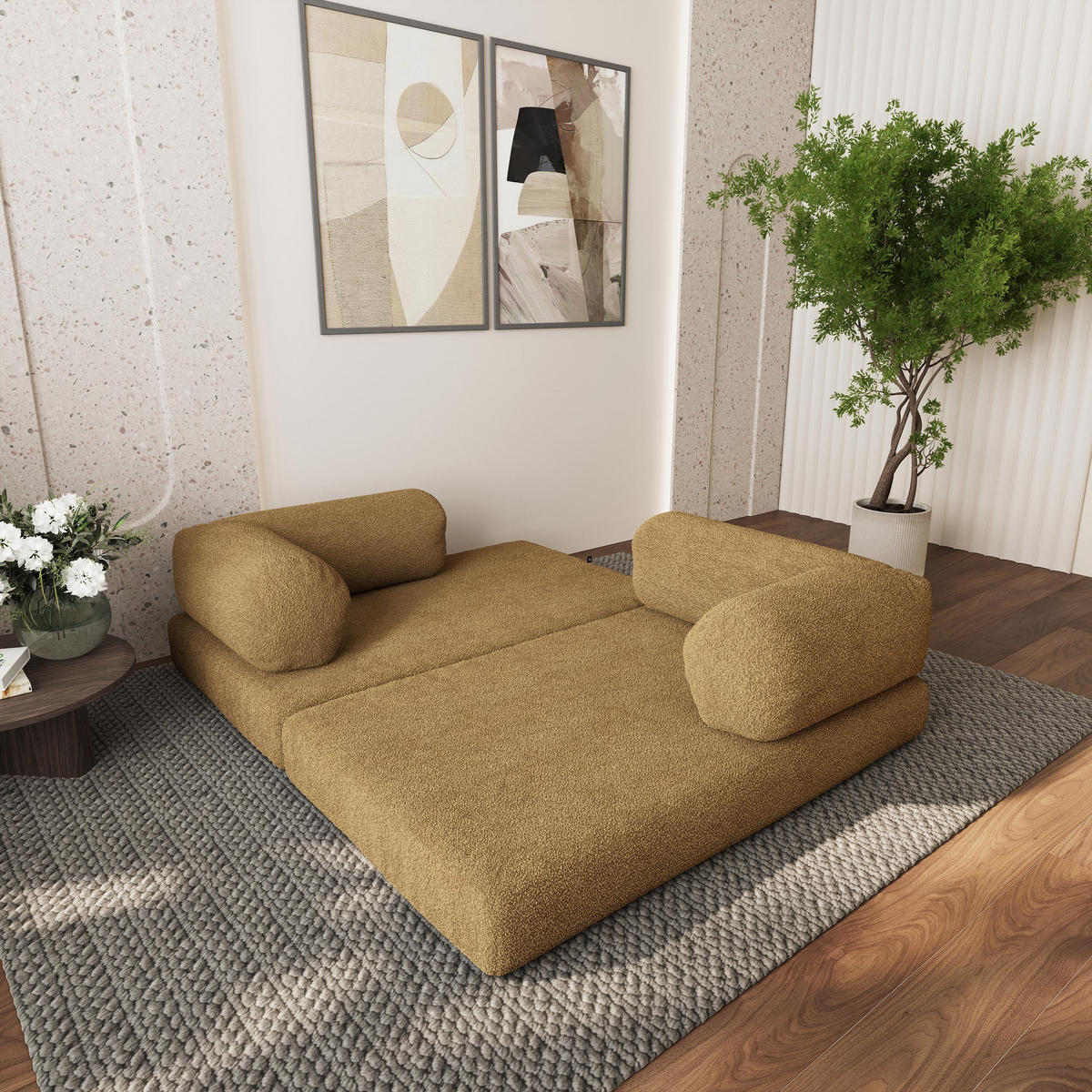 ECKSOFA KELI modulares Boneless Sofa mit Schlaffunktion Orange Boucle-Stoff - Gelb, Textil (270/160cm) - MASSENO