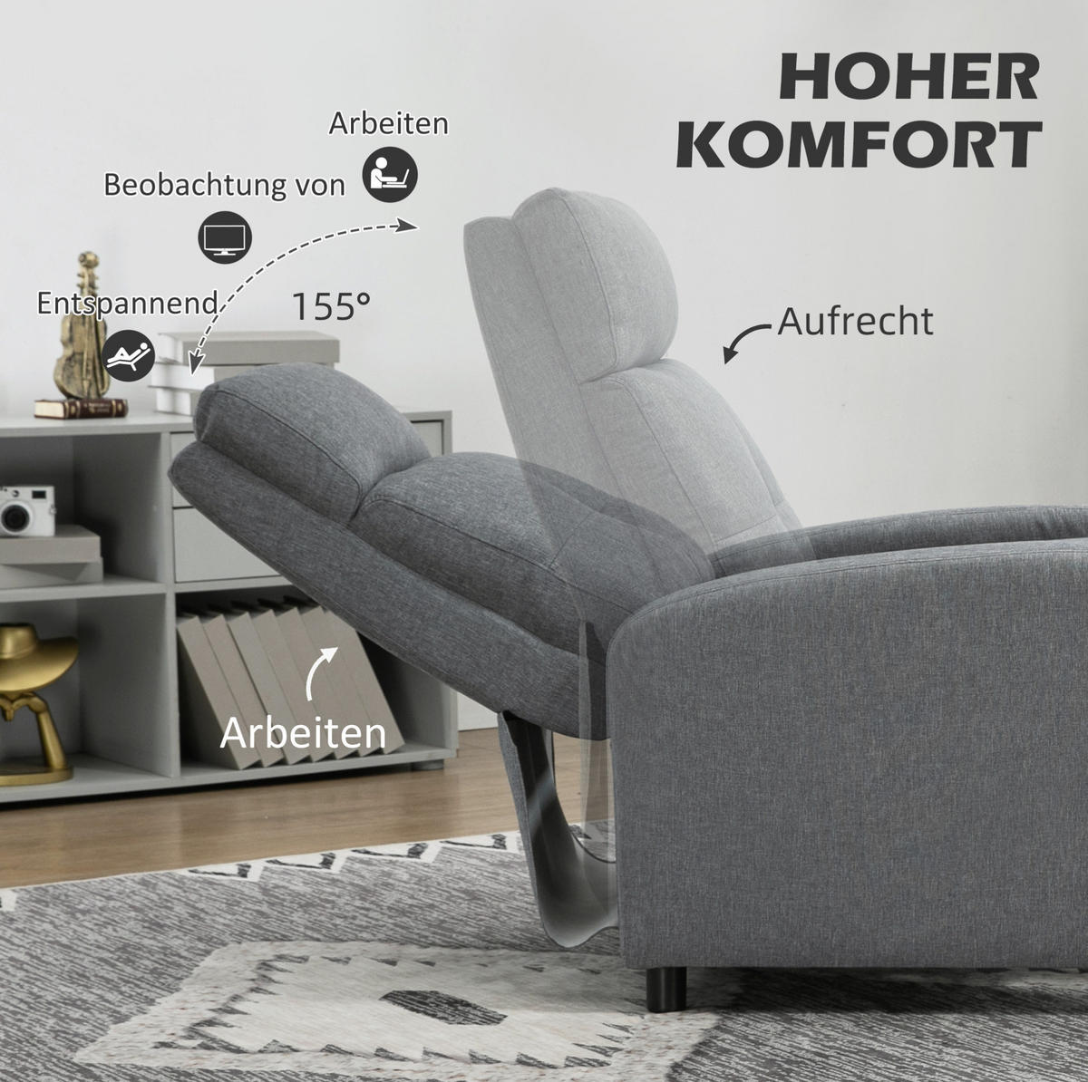 RELAXSESSEL 87/98/67 cm Grau aus Polyester mit Liegefunktion - Grau, Textil (87/98/67cm) - OKMYHOME
