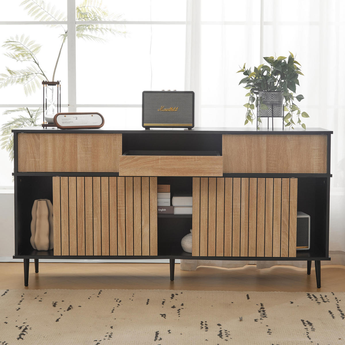 KOMMODE aus Spanplatte 40x160x80 cm Schwarz/Natur mit Schiebetüren und Schublade - Schwarz, Holzwerkstoff (160/80/40cm) - IVMEU