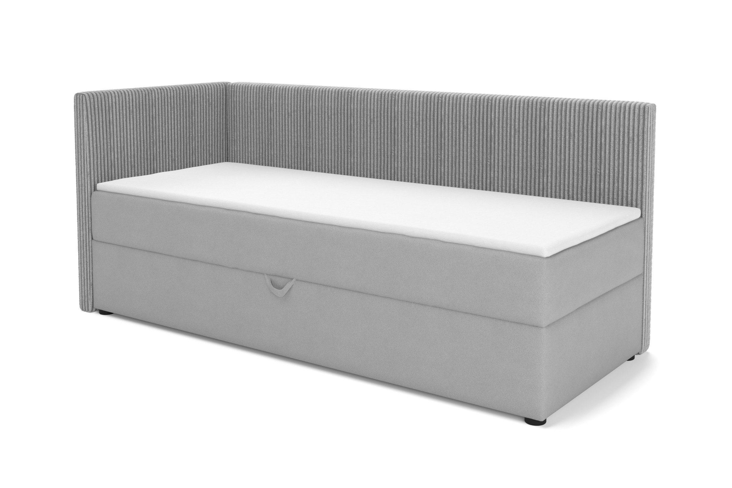 BOXBETT RICO 90/200 in Cord/Velours Hellgrau H3 rechts - Hellgrau, Holz/Holzwerkstoff (90/200cm) - Deine Möbel 24