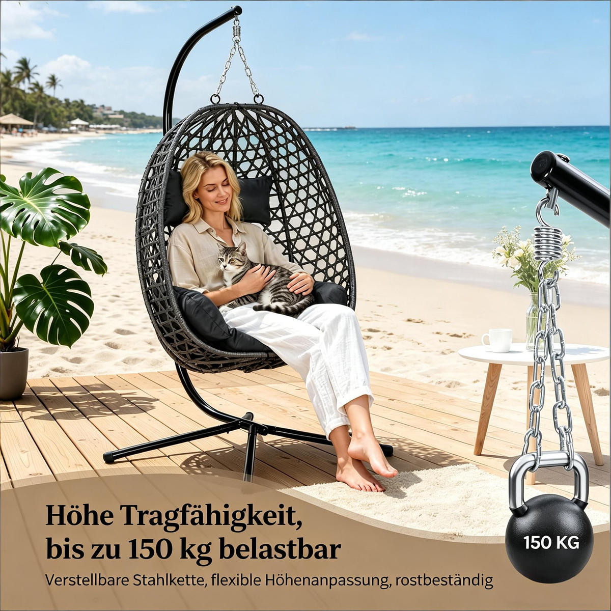 HÄNGESESSEL PE-Rattan höhenverstellbar, DE-42142, Anthrazit - Anthrazit, Metall (105/195/105cm) - ComfortXL