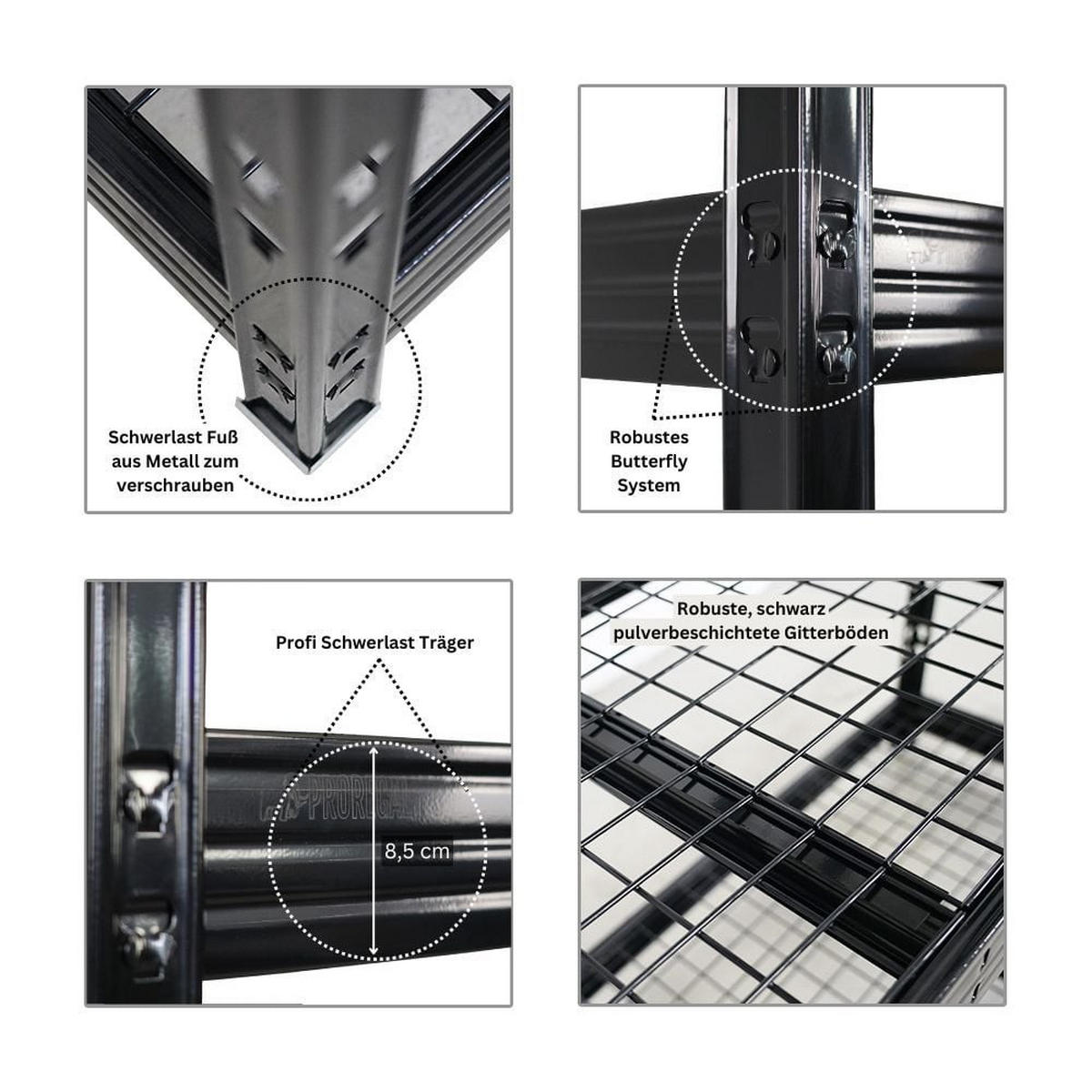 SCHWERLASTREGAL Rhino 2er-Set Stück 180x200x60 cm 4 Gitterrost-Ebenen Fachlast 500 kg Schwarz - Schwarz, Metall (200/180/60cm) - PROREGAL
