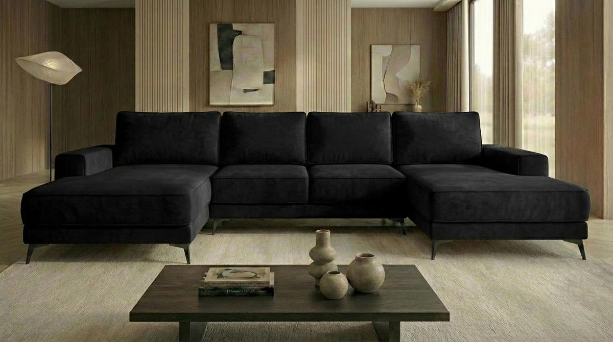 ECKSOFA VALTOR 320 cm x 185 cm – Stoff: VELUTTO Schwarz 20 Farbe: Schwarz - Schwarz, Textil (320/185cm) - A&J MöbelLand