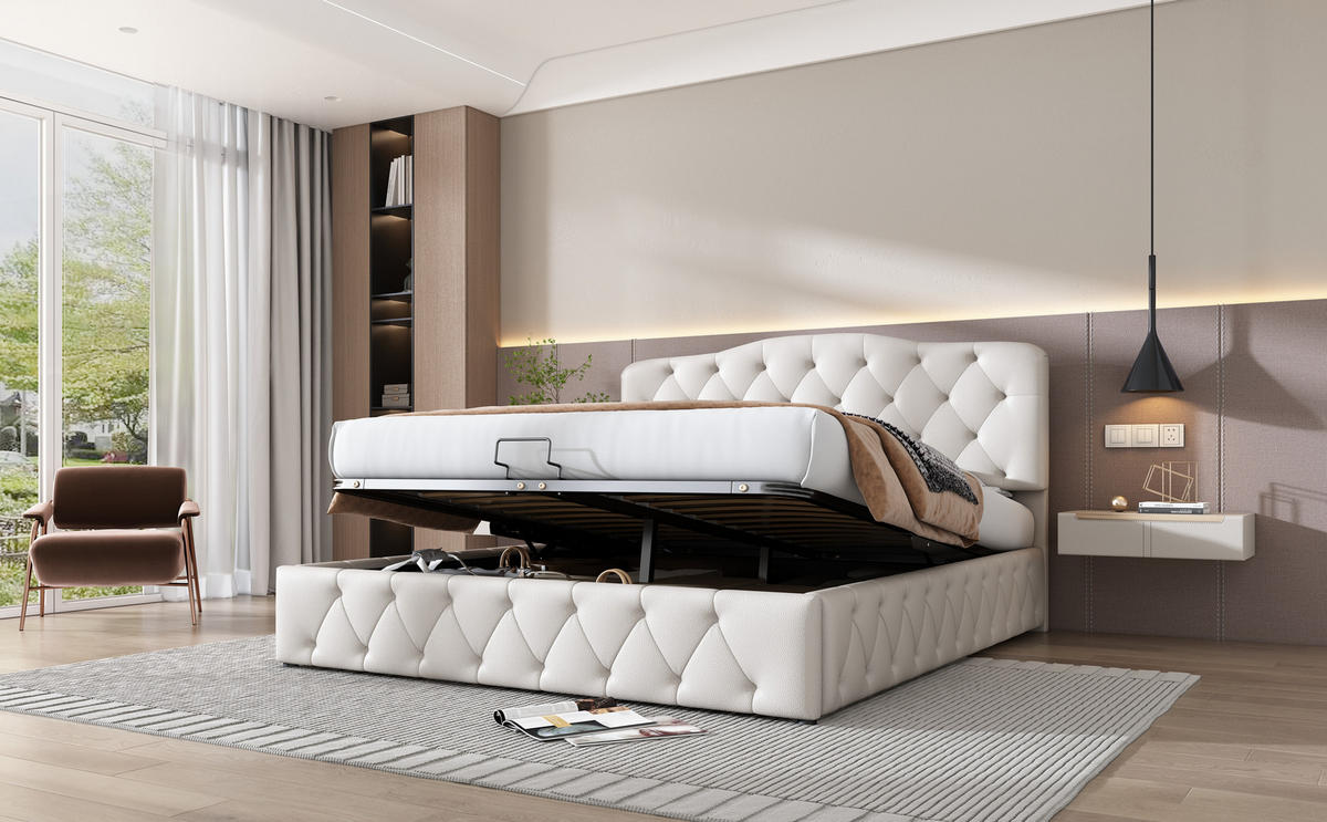 POLSTERBETT 140x200 Synthetik Leder Lychee Hydraulisch Weiß - Weiß, Leder - FLIEKS