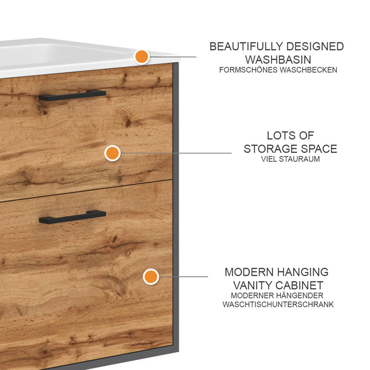 WASCHBECKENUNTERSCHRANK Lanco Anthrazit/Goldkraft Eiche 61 x 61.5 cm mit Waschbecken - Honigeiche/Anthrazit, Holzwerkstoff (61/61.5/46.5cm) - Vicco