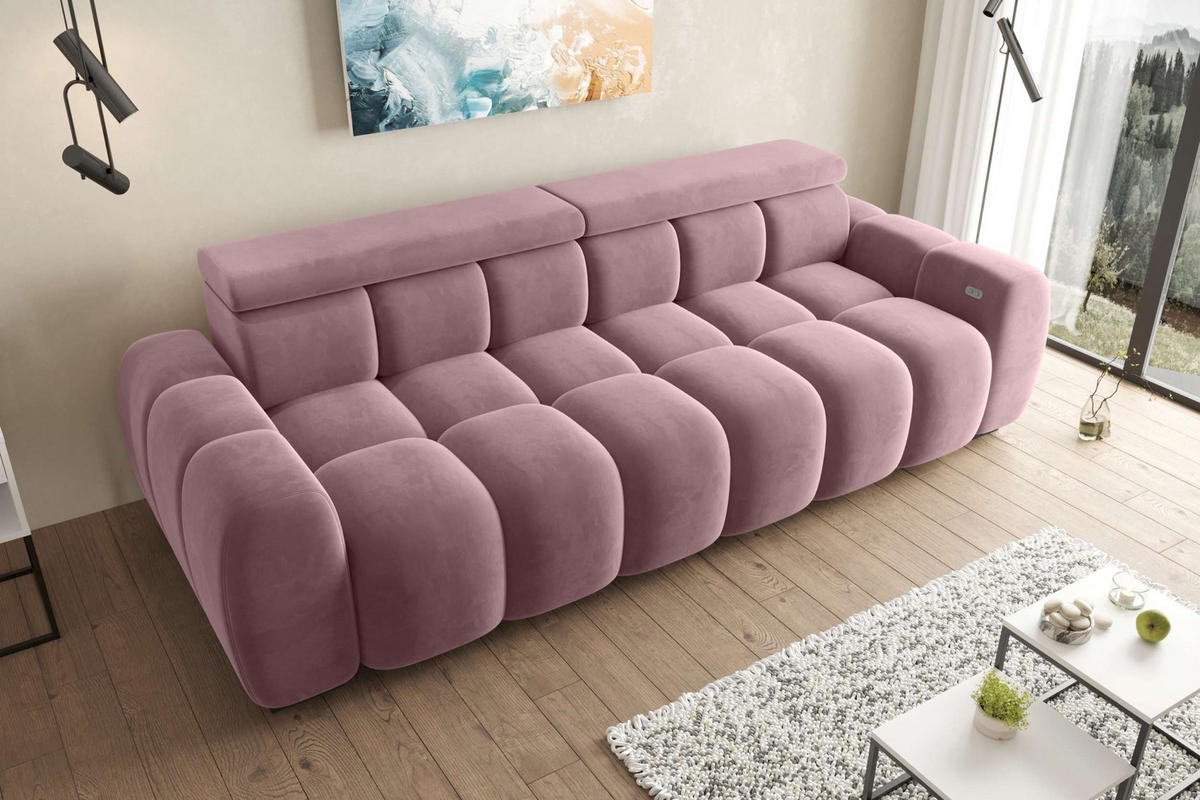 BIGSOFA ALESSIO Velours Rosa mit elektrischer Sitztiefenverstellung - Rosa, Kunststoff/Textil (248/77/108cm) - 99rooms