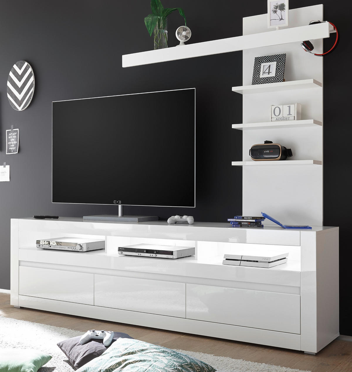 TV-LOWBOARD Hochglanz weiß, Flat-TV Unterschrank 217 cm mit Soft-Close-Funktion - Weiß Hochglanz/Weiß, Holzwerkstoff/Kunststoff (217/63/42cm) - Furn.Design