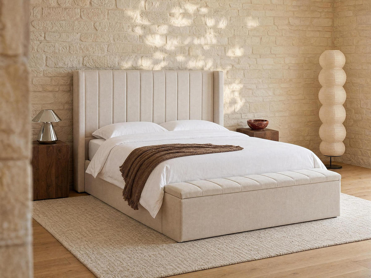 BETT mit Bettkasten - 2 Personen - Stoff - Beige - - Beige, Textil (180/200cm) - Vente-Unique