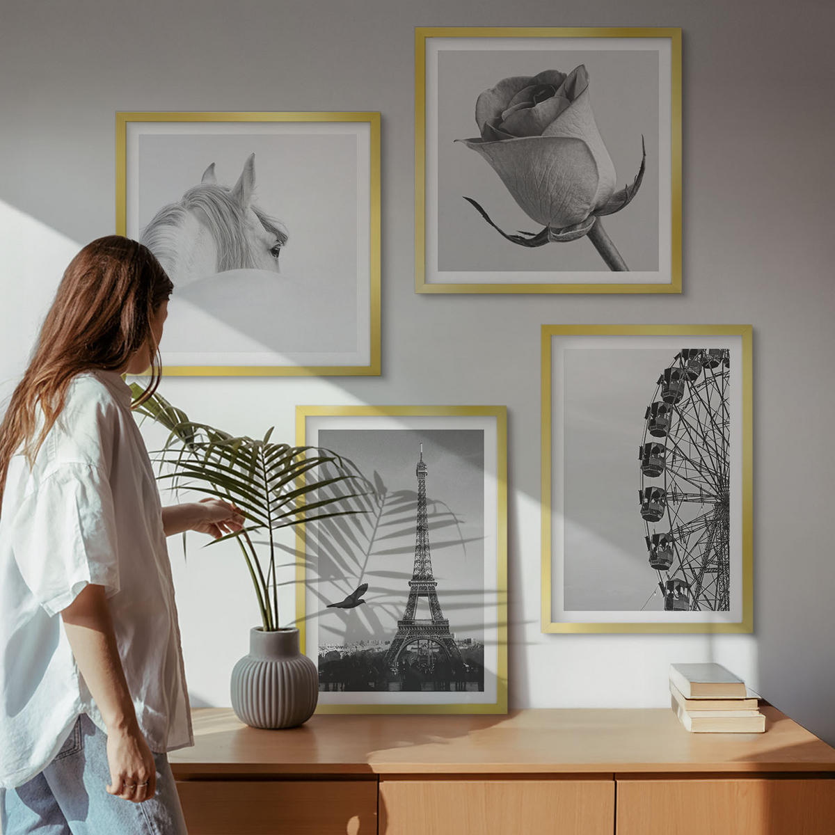 WANDBILDER 4er Set - 50x50 cm & 40x60 cm Goldrahmen - Rose Eiffelturm Pferd Riesenrad S/W - Goldfarben, Kunststoff (50/50cm) - ArtPrintCave