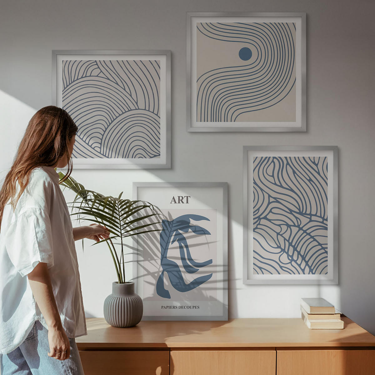 BILDER SET 4er Set - 50x50 cm & 40x60 cm Silberner Rahmen - Abstrakte blaue Linien - Silberfarben, Kunststoff (50/50cm) - TULUP