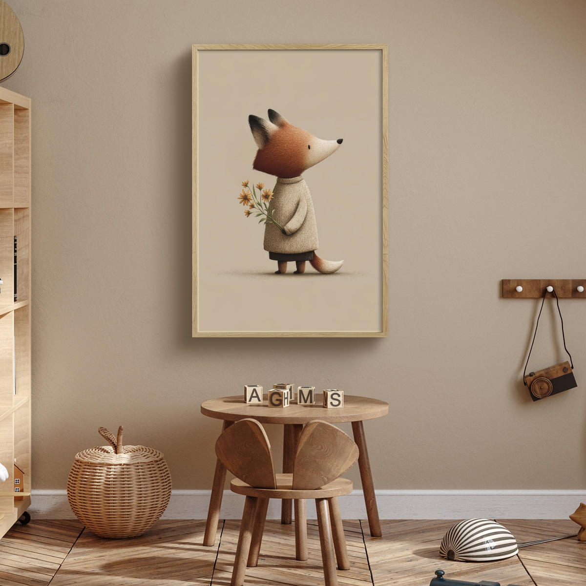 DOBÍJECÍ NOČNÍ LAMPIČKA Liška - Žluté květy - Minimalistický 60x90 cm - šedohnědá, kompozitní dřevo (8/60/90cm) - OnlyWow