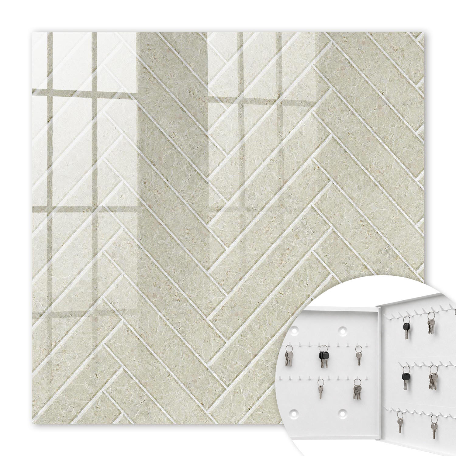 SCHLÜSSELBOX Weiß 30x30 cm – Türöffnung nach rechts - Beige Fischgrätmuster - Beige, Metall (30/30/5cm) - TULUP