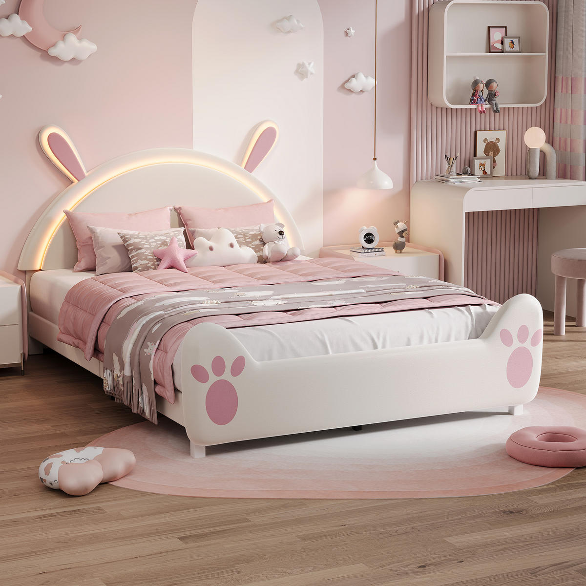 KINDERBETT 140x200 cm mit Hasen-Design, Ambiente-LED, Lattenrost, einfacher Montage, Weiß - Weiß, Holz (140/200cm) - BRILVERDE
