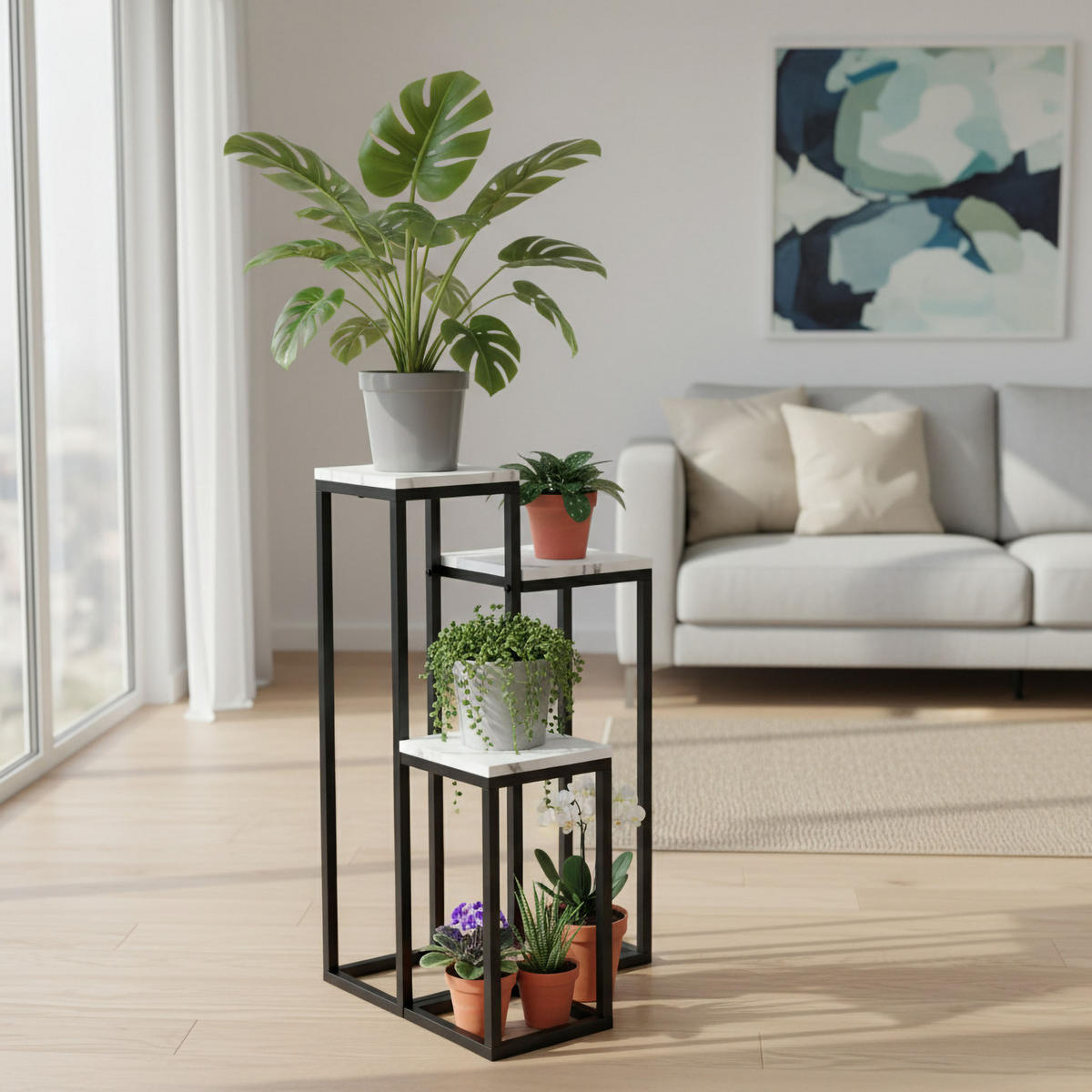 BLUMENSTÄNDER mit 3 Ablagen - Weiß Hochglanz, Metall (34/34/67cm) - Mat-Haus