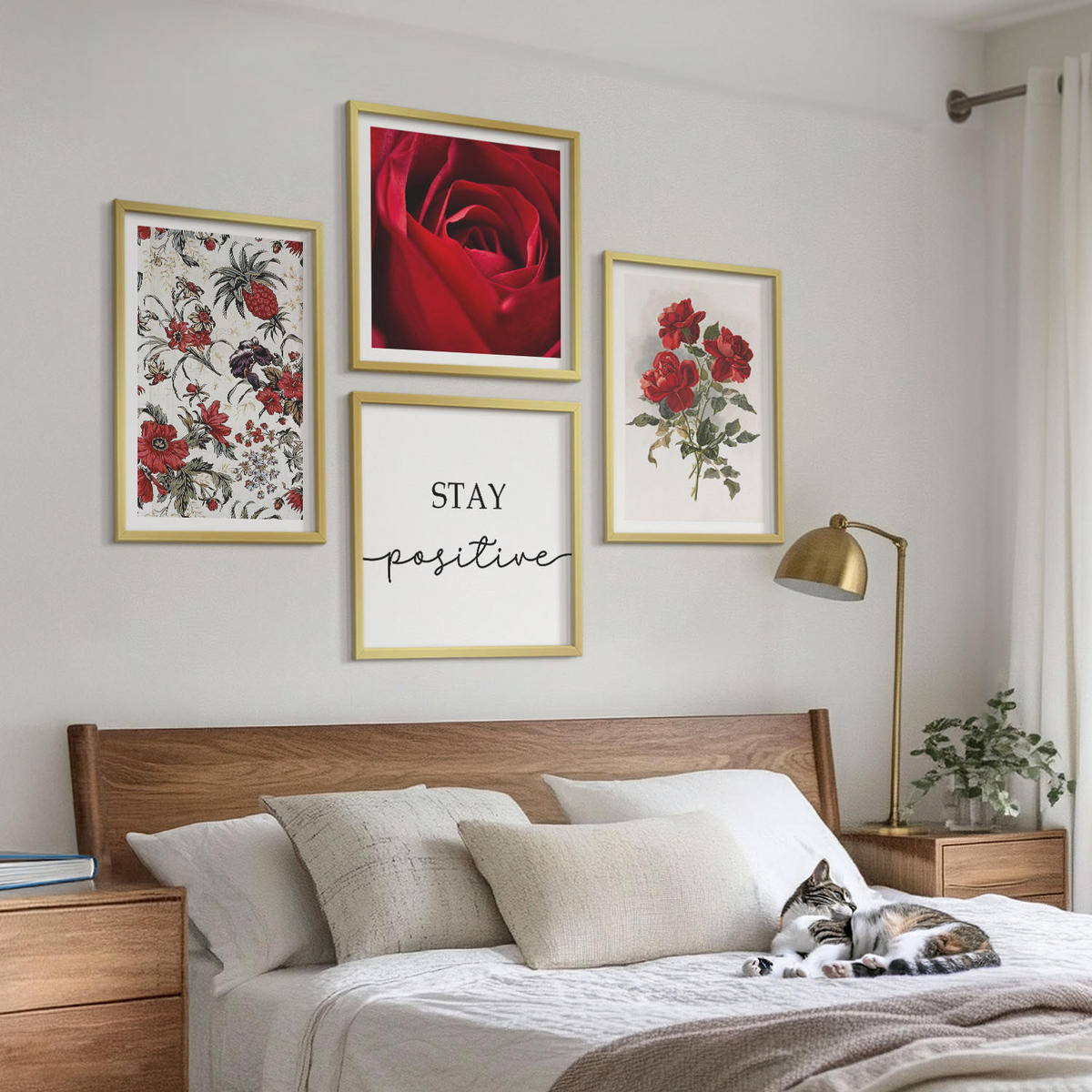 BILDER SET 4er Set - 50x50 cm & 40x60 cm Goldrahmen - Inschrift mit roten Rosen - Goldfarben, Kunststoff (50/50cm) - TULUP