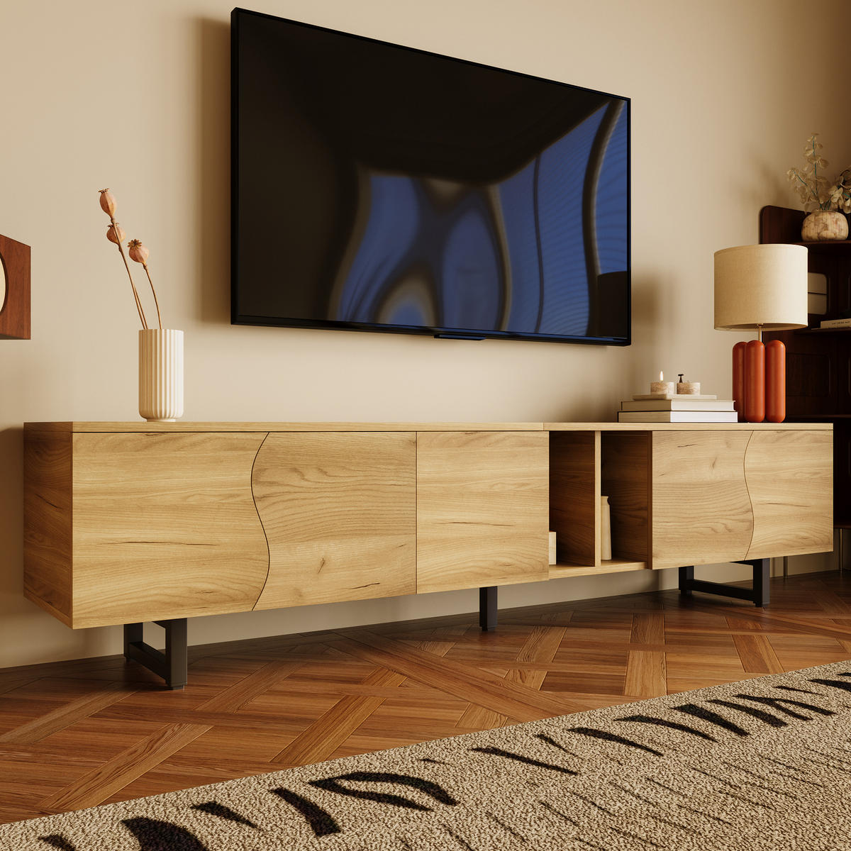 LOWBOARD in Naturfarben mit Türen und offenen Fächern für Wohnzimmer, B191/T38/H46,5 cm - Schwarz/Naturfarben, Holzwerkstoff/Metall (191/46.5/38cm) - STILVORA