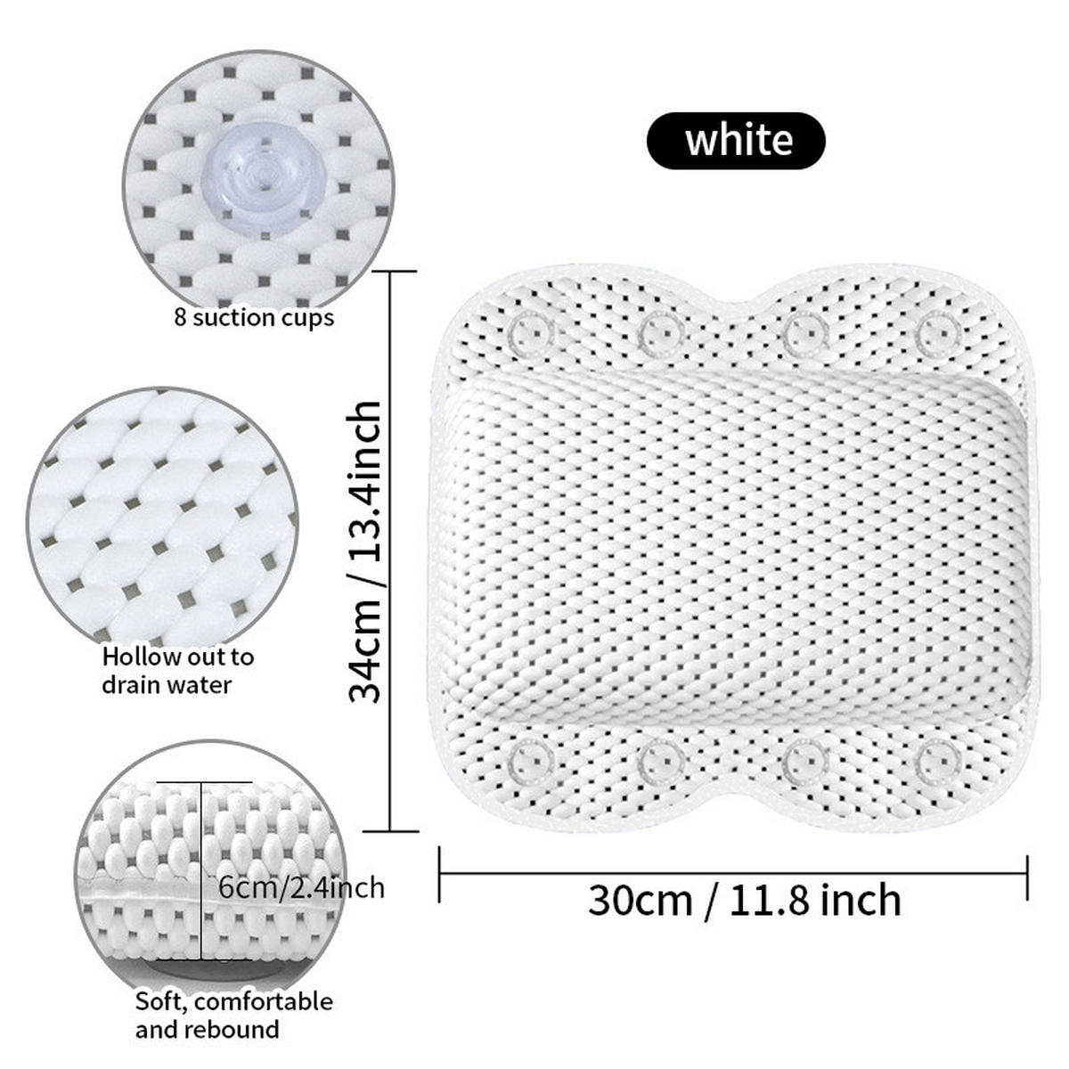 BADEKISSEN – 34 x 30 x 8 cm – Weiß – 8 große Saugnäpfe - Weiß, Textil (34/30cm)