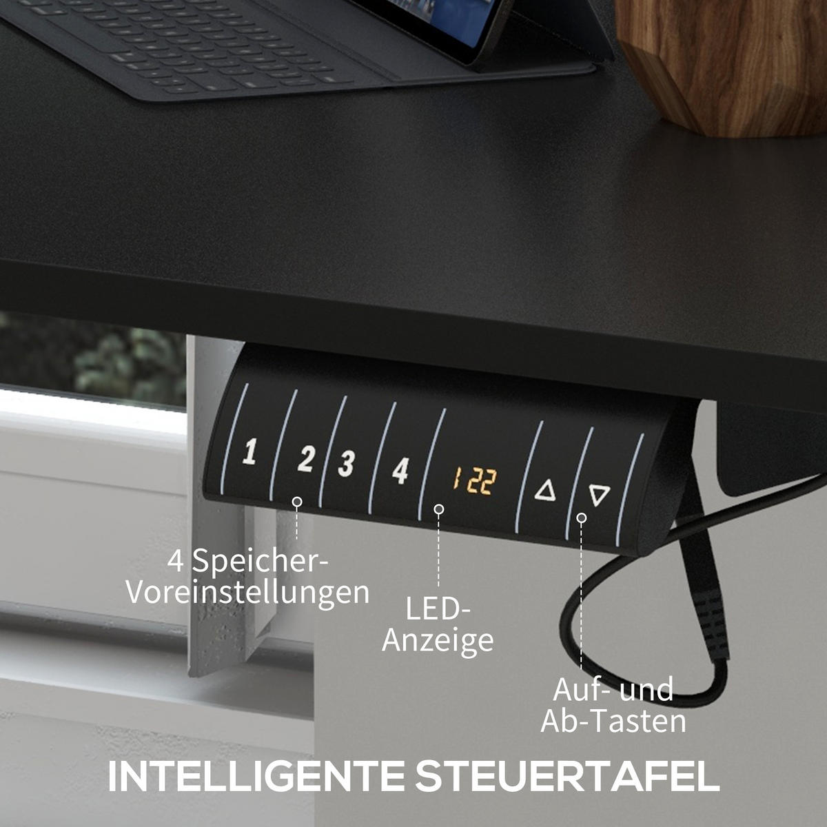 HÖHENVERSTELLBARER Schreibtisch 140 x 70cm Elektrisch Computertisch mit Haken - Schwarz, Kunststoff (140/70/116cm) - Vinsetto