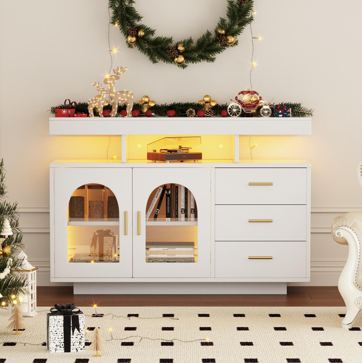 SIDEBOARD 120/40/80 cm s LED osvetlením, 3 zásuvkami a veľkým úložným priestorom, Biela - biela, kompozitné drevo (120/80/40cm) - Redom