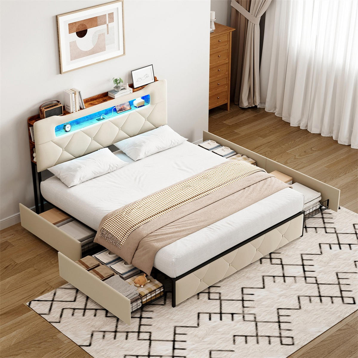 POLSTERBETT 160x200 cm - Doppelbett mit Stauraumkopfteil - 4 Schubladen und LED-Beleuchtung - ohne Matratze - Beige - Beige, Textil (160/200cm) - DELFA