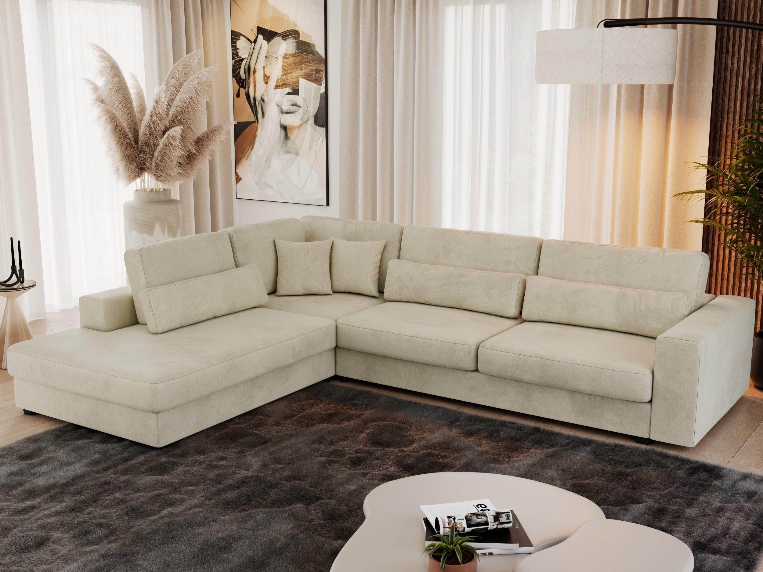 ECKSOFA Savona Beige Velvet - links - Beige/Schwarz, Kunststoff/Textil (316/249cm) - MKS