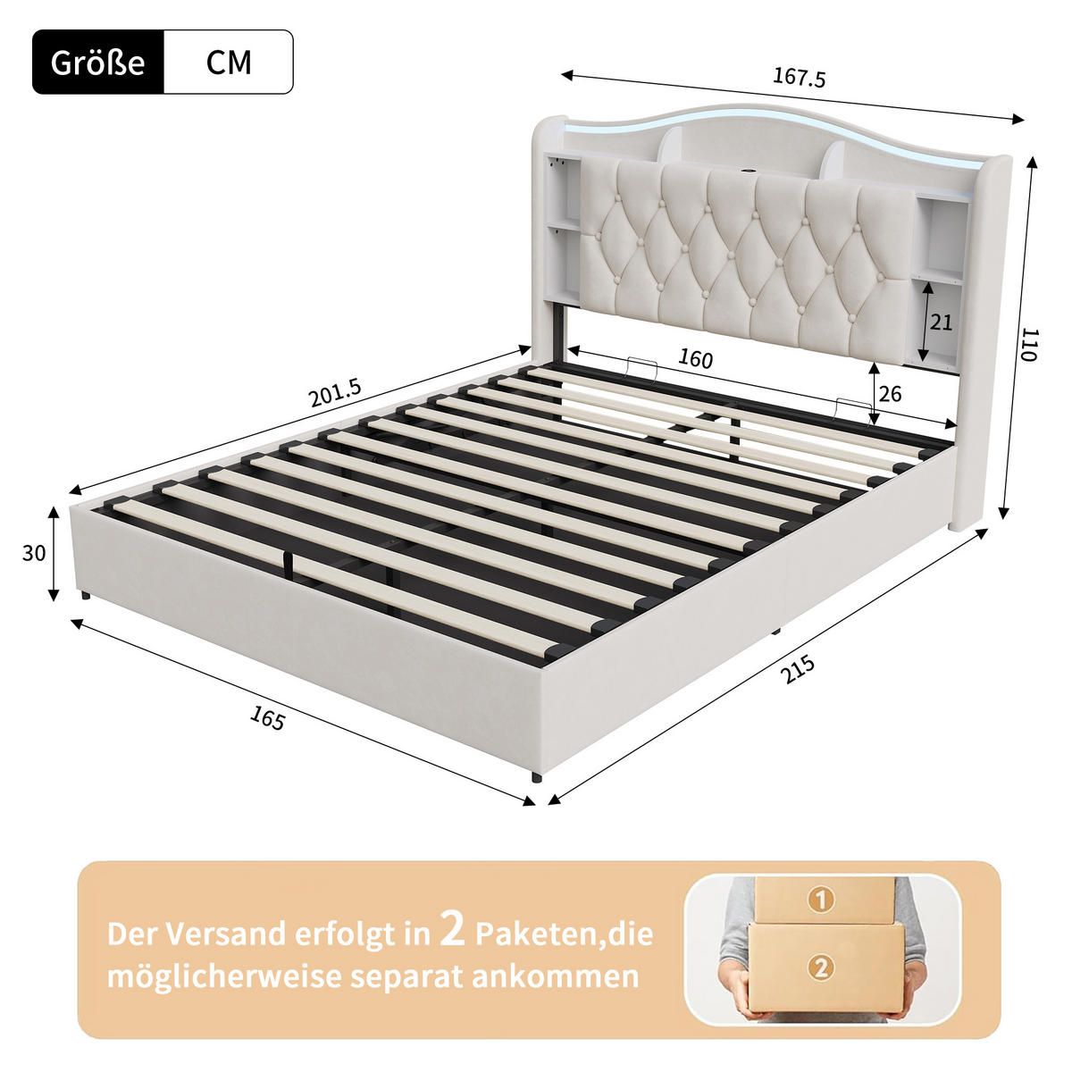 POLSTERBETT 160/200 cm mit Stauraum-Bettkasten, Ablagekopfteil mit Fächern, mehrfarbigem LED & USB, beiger Stoffbezug - Beige, Holz/Metall (160/200cm) - Joyfair