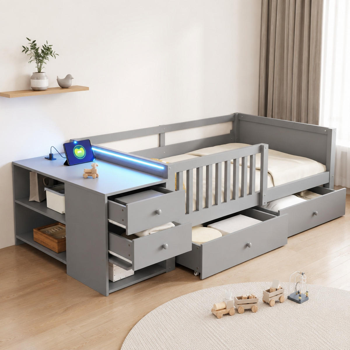 KINDERBETT 90/200 mit Schreibtisch,LED und Steckdose in Grau - Grau, Holzwerkstoff (90/200cm) - EVRYAE