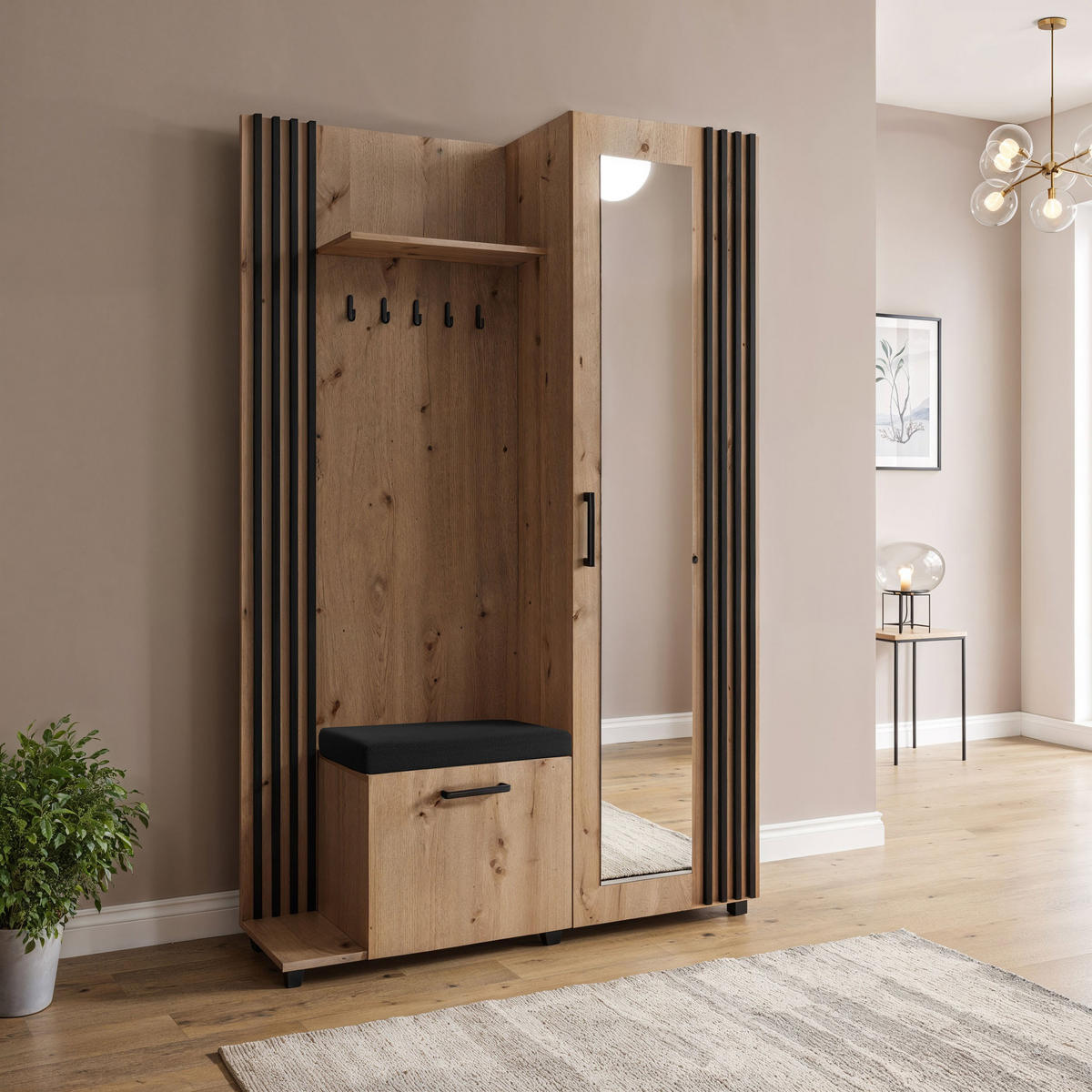 GARDEROBE Linaro mit Spiegel, Sitzbank in Lamellen-Optik 137/207/42 cm, Links - Schwarz/Braun, Holzwerkstoff (137/207/42cm) - WFL GROUP