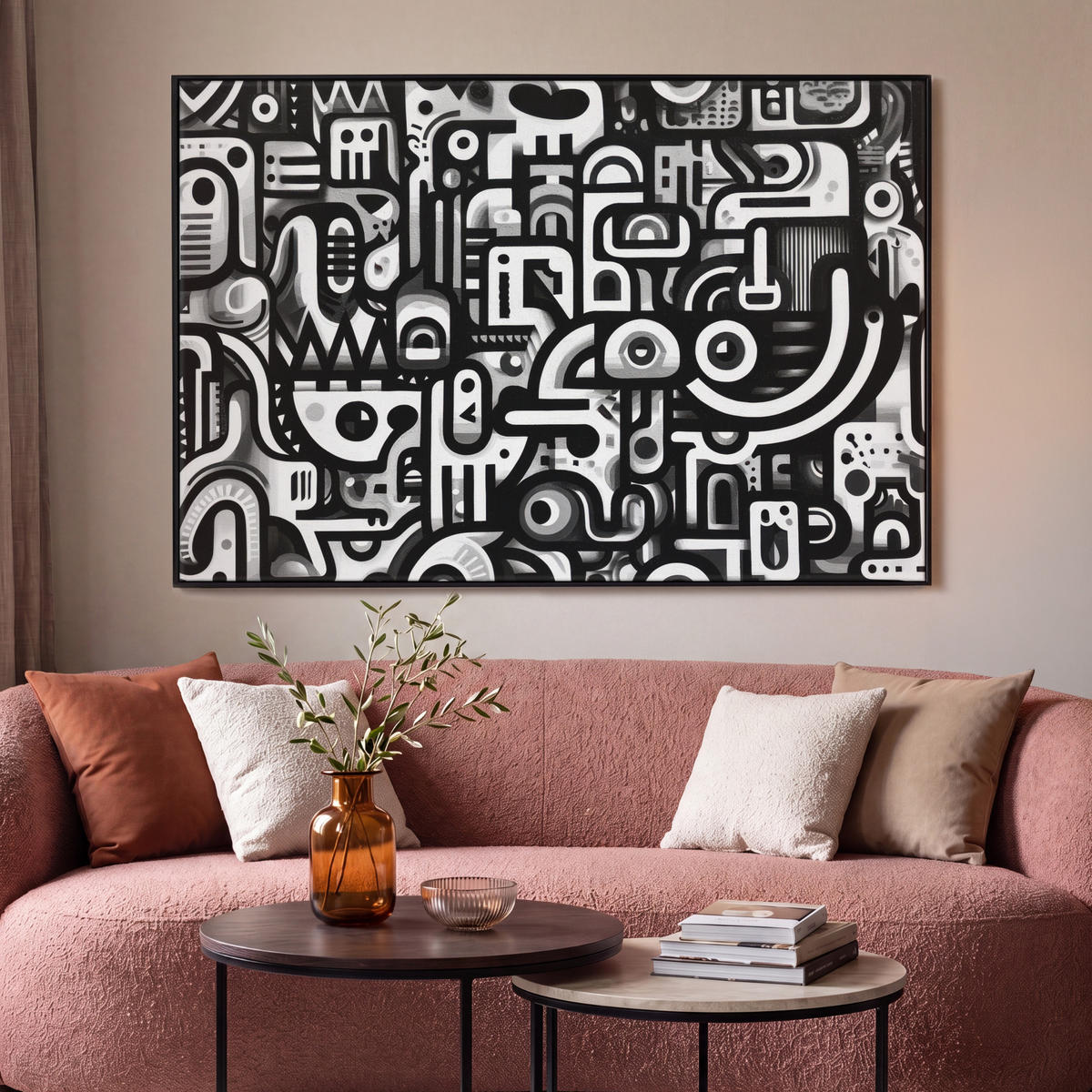 LEINWAND Bilder mit Rahmen - Symbole - Abstrakt - Grafik - Schwarz - 120x80 - Schwarz, Textil (120/80cm) - MuchoWow
