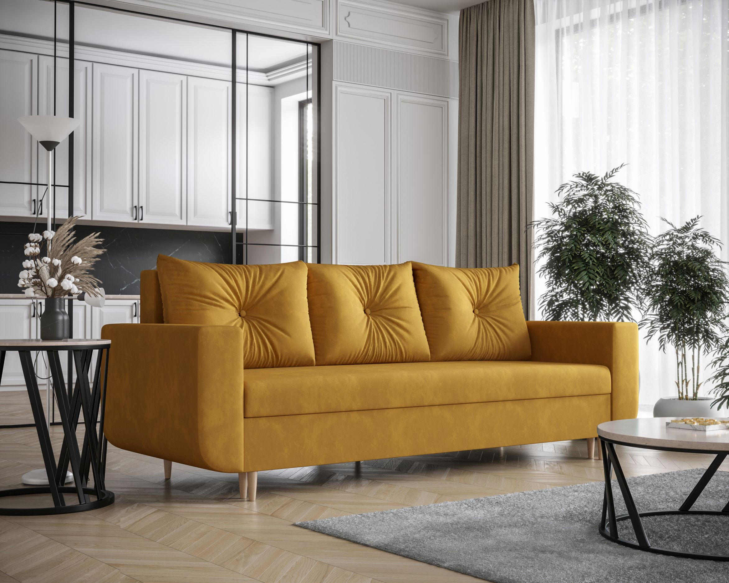 SOFA DELFIN mit Schlaffunktion ITAKA 33 Sofa mit Stauraum - Currygelb, Textil (90/88/240cm) - Bedante