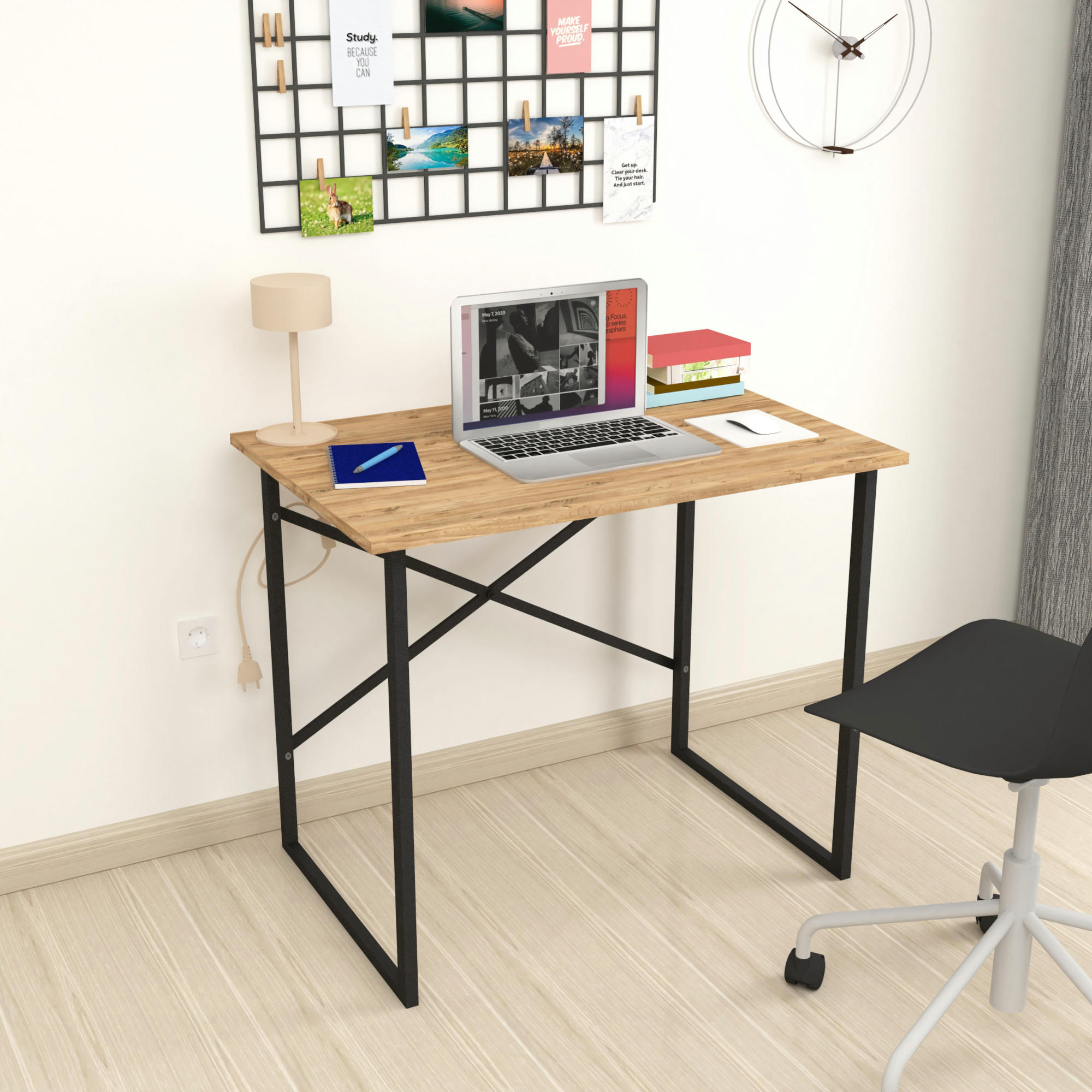 SCHREIBTISCH Tjeldsund - Eichefarben/Schwarz, Holzwerkstoff/Metall (60/90/74cm) - [en.casa]