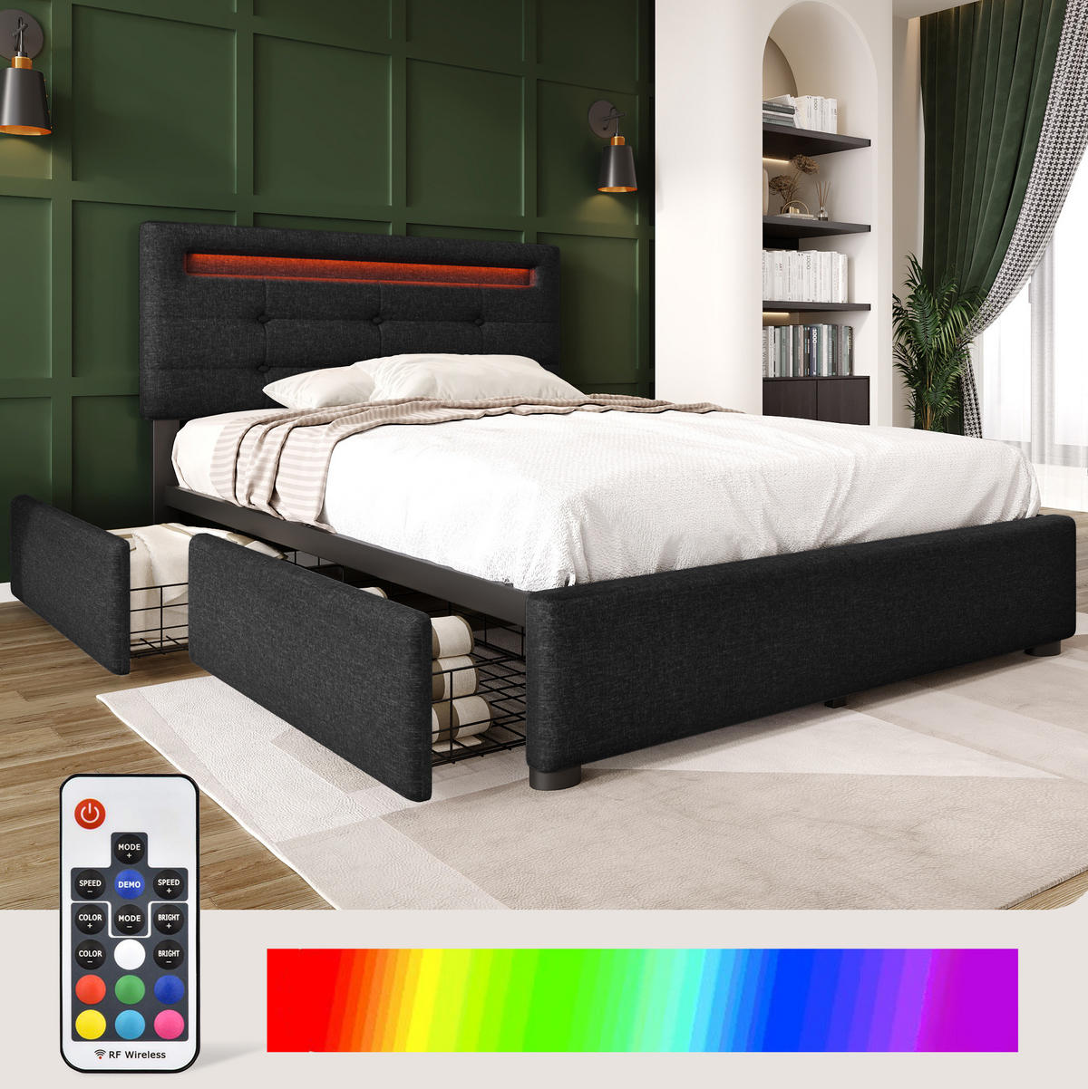 BETT mit LED-Beleuchtung und 2 Schubladen 90x200 cm Schwarz - Schwarz, Metall (90/200cm) - Meubliv