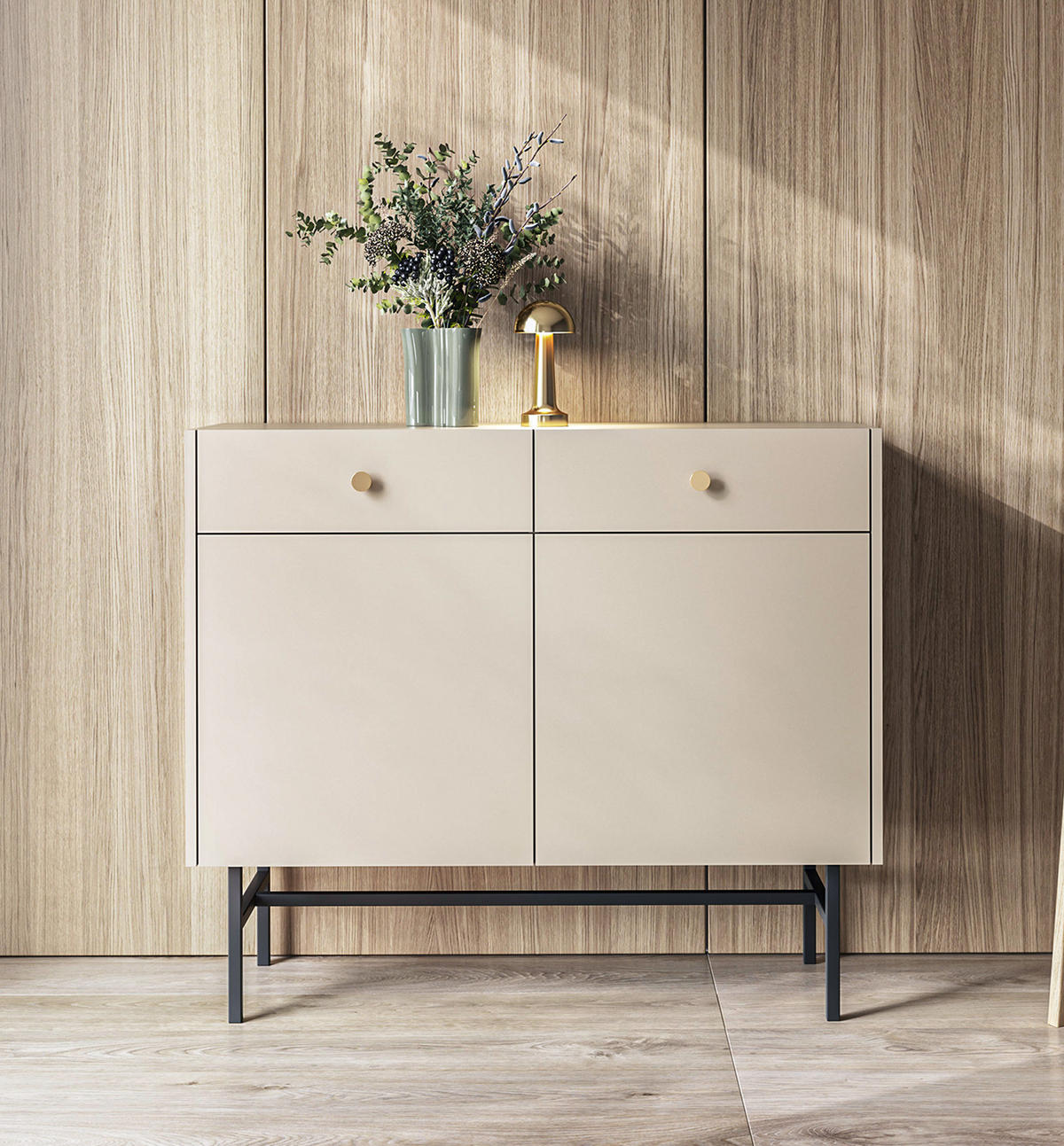 SIDEBOARD Dinley 2T 2S Beige 104,4/89,4/39 cm – mit schwarzen Beinen im minimalistischen Design - Beige/Schwarz, Holzwerkstoff/Metall (104.4/89.4/39cm) - AX Living