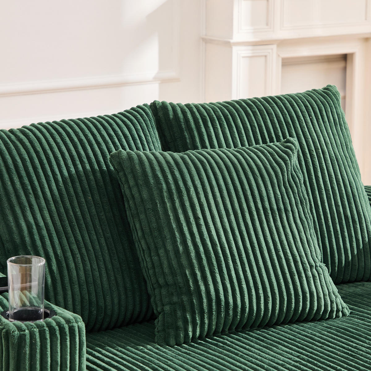CHAISELONGUE 2-Sitzer Cord Smaragd mit LED, USB und Getränkehaltern - Jadegrün, Holzwerkstoff/Kunststoff (128/85/142cm) - WISHDOR