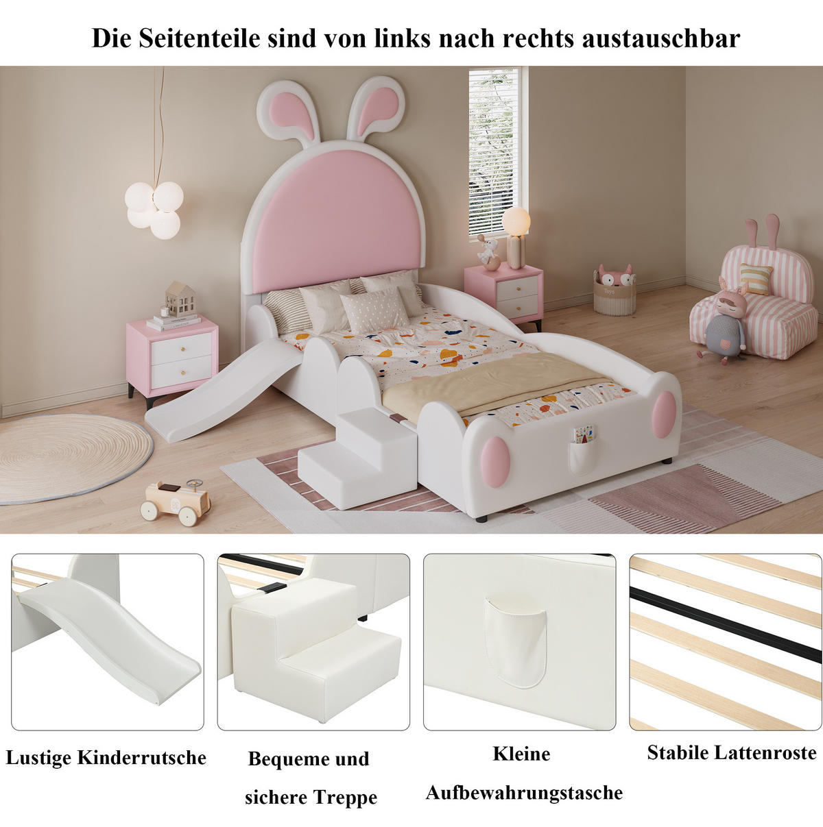 KINDERBETT 90/200 cm aus PU mit Rutsche, Treppe und Hasenohren-Kopfteil Weiß/Rosa - Rosa, Kunststoff (90/200cm) - Modenvie