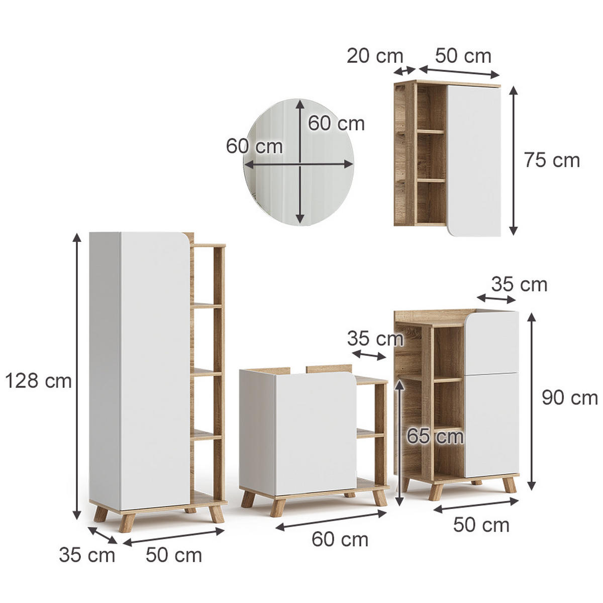 BADMÖBEL-SET Karen Sonoma/Weiß 5 Teile - Weiß/Sonoma Eiche, Holzwerkstoff (60/65/35cm) - Vicco