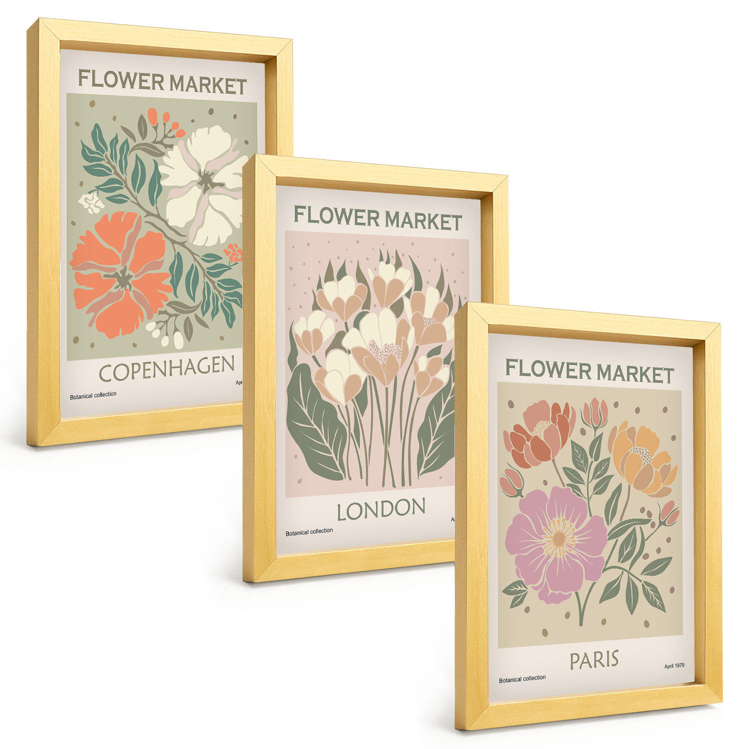 BILDER SET 3er Set - 20x30 cm Goldrahmen - Blumenposter Kopenhagen London Paris - Goldfarben, Kunststoff (20/30cm) - TULUP