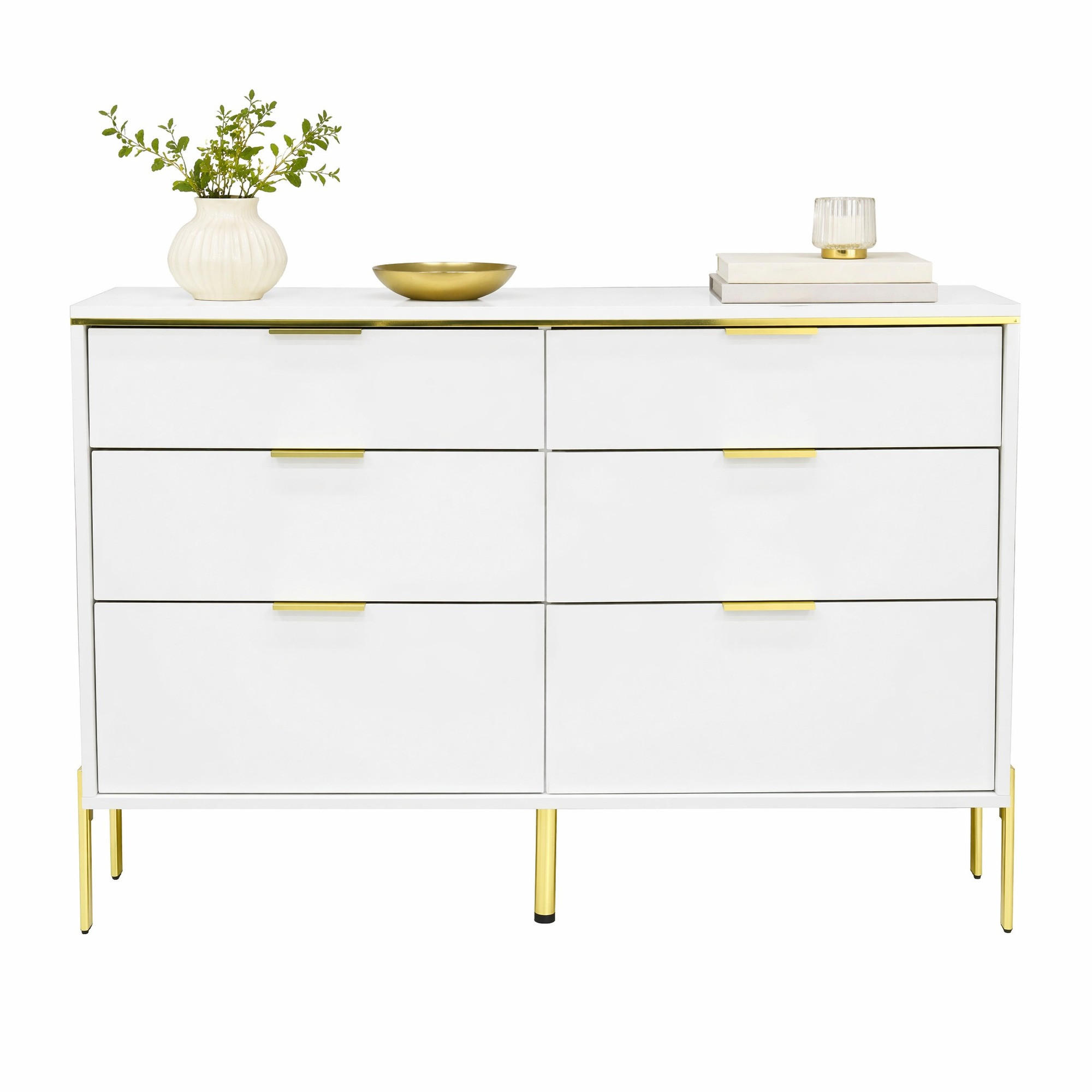 SIDEBOARD in Weiß Kommode mit 6 Schubladen, Hochglanz-Fronten und großem Stauraum für Wohnzimmer, B120/T40/H85.5cm - Goldfarben/Weiß, Holzwerkstoff/Metall (120/85.5/40cm) - STILVORA