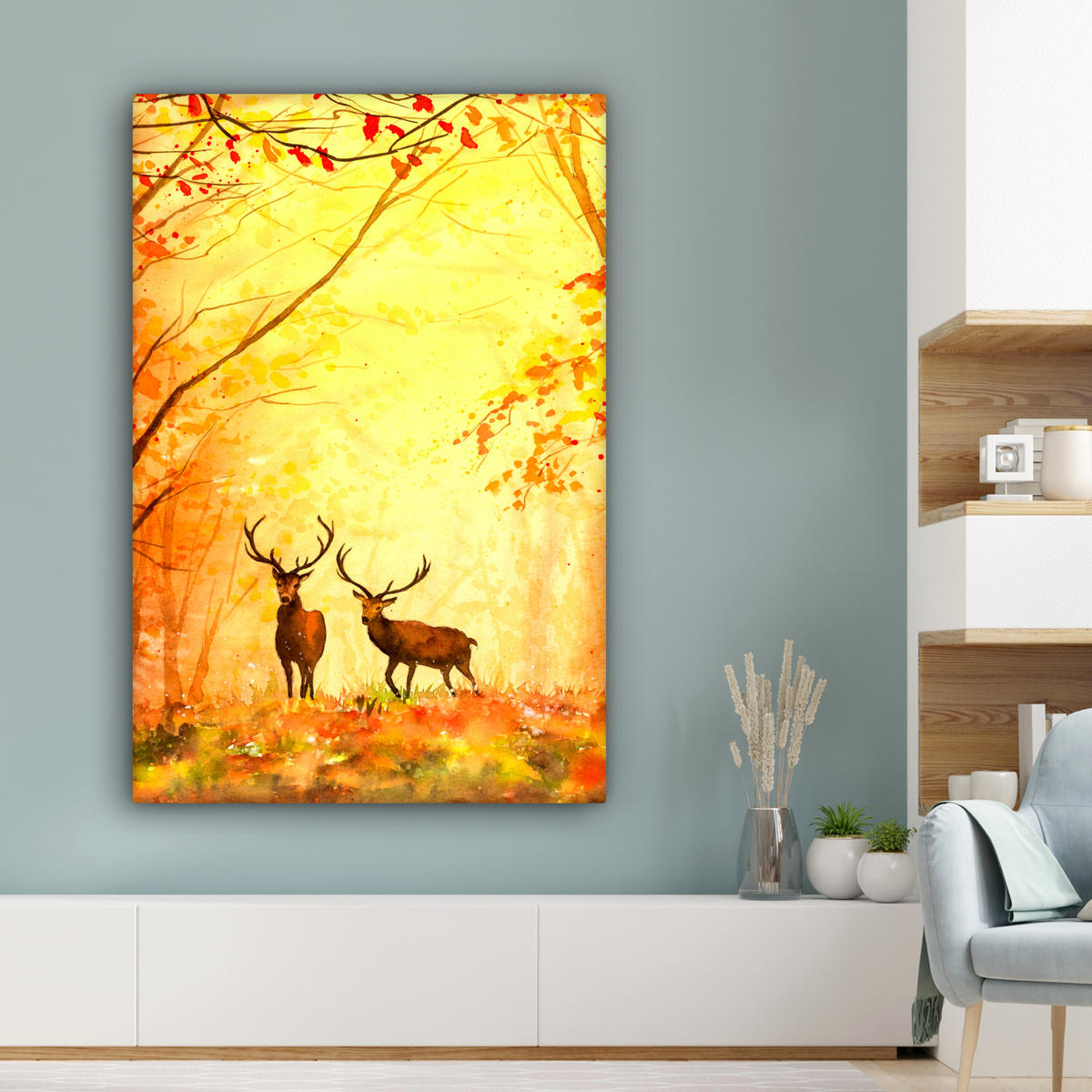 LEINWANDBILD Natur - Ölfarbe - Hirsche - Tiere - Herbst - Orange 80x120 cm - Orange, Textil (80/120cm) - MuchoWow
