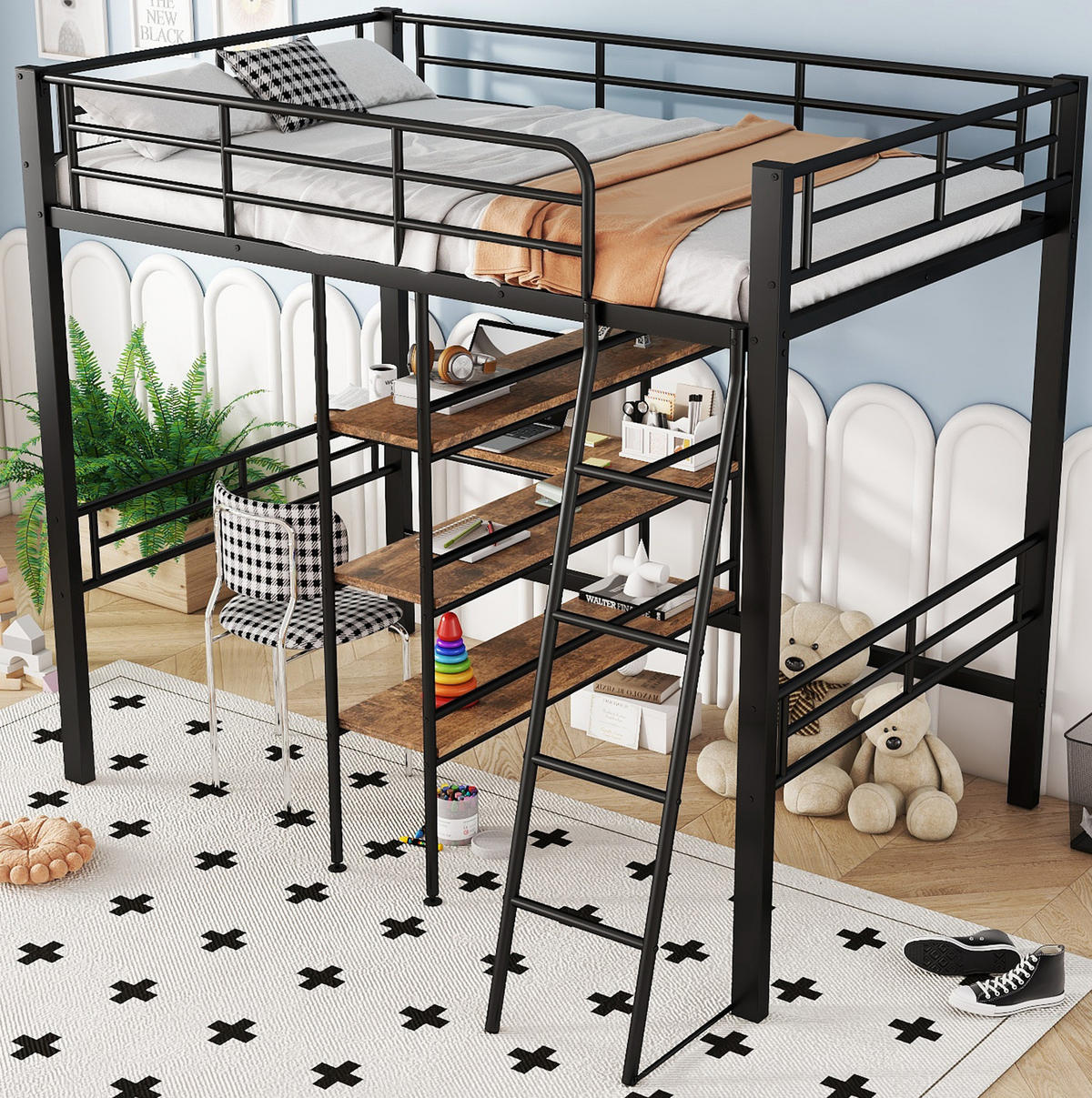 HOCHBETT 90/200 cm mit Schreibtisch, Regalen, Leiter und Rundum-Schutzgitter aus Metall, Schwarz - Schwarz, Metall (90/200cm) - Redom