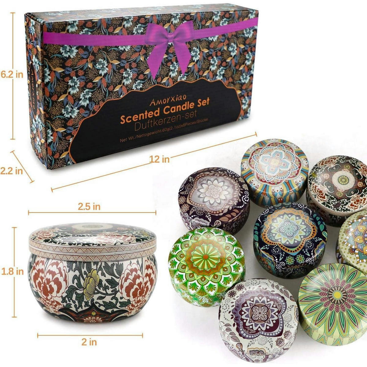 DUFTKERZEN 8-teiliges Set Sojawachs Aromatherapie Geschenkbox - Multicolor, Paraffin (5.6cm)
